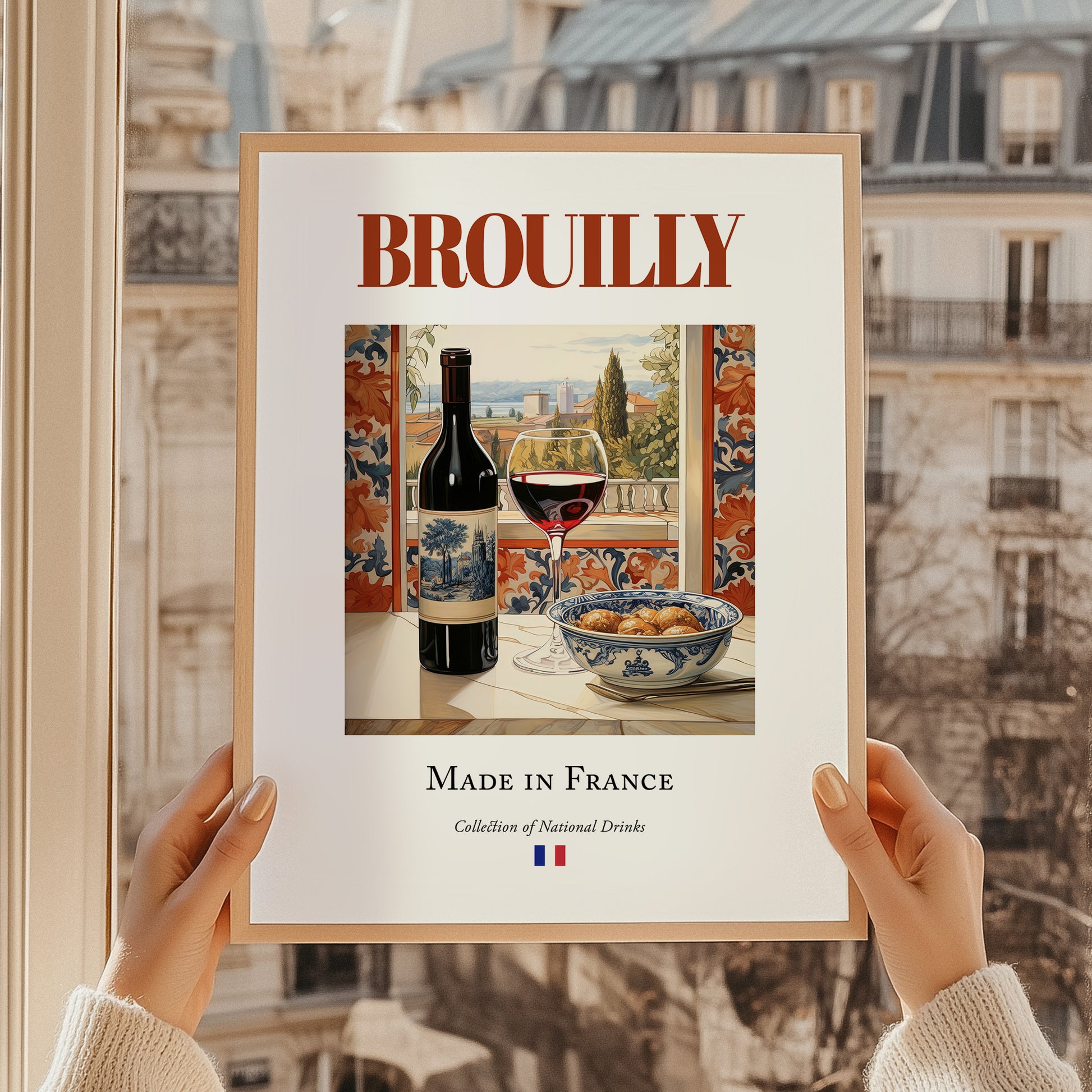 Brouilly – French Red Wine, Wine Bar Print, styled in a charming Paris street view