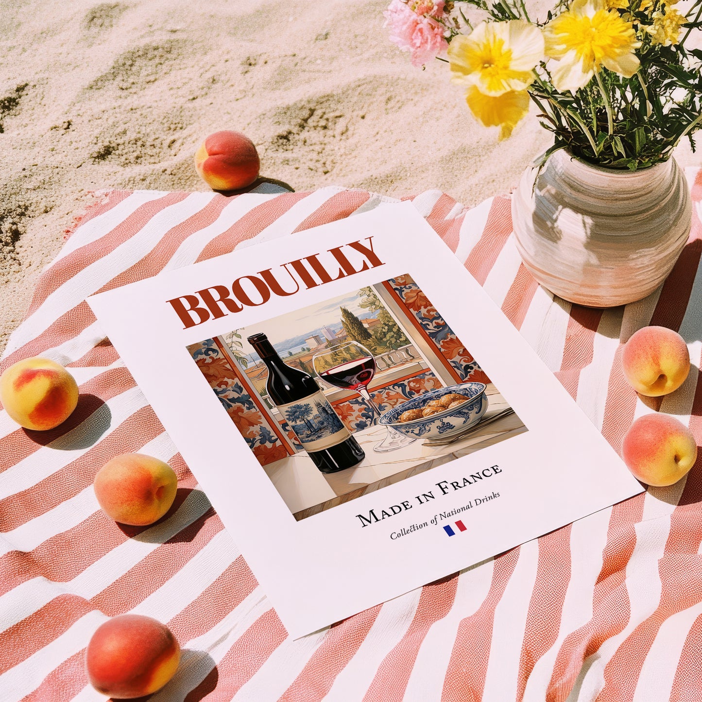 Brouilly – French Red Wine, Wine Bar Print, unframed on coastal sand