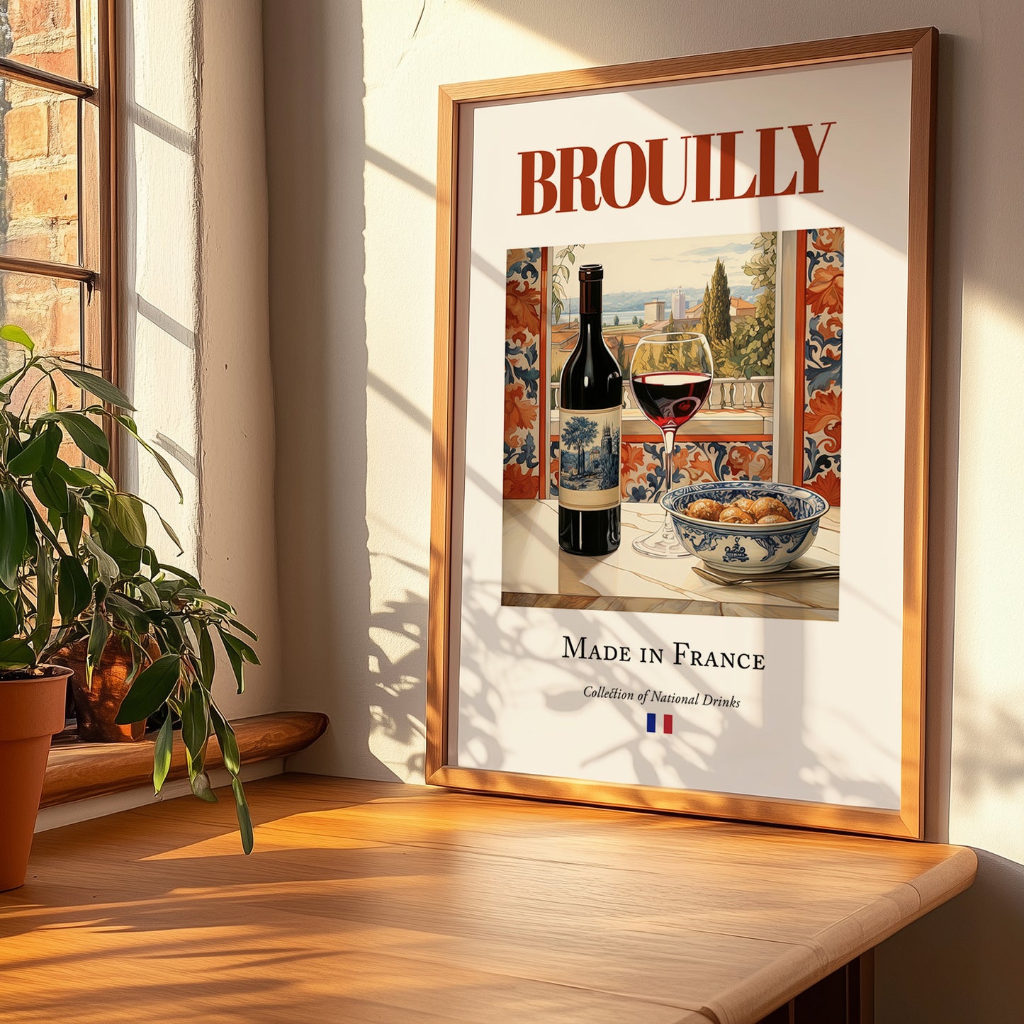 Brouilly – French Red Wine, Wine Bar Print, no-text version framed in wood