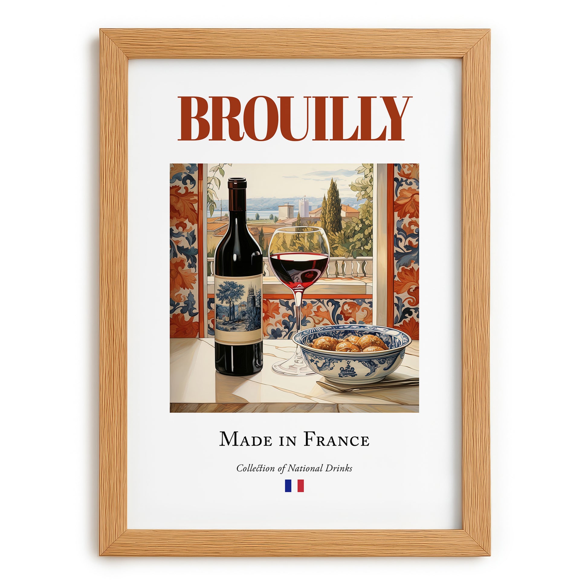 Brouilly – French Red Wine, Wine Bar Print, set in oak frame