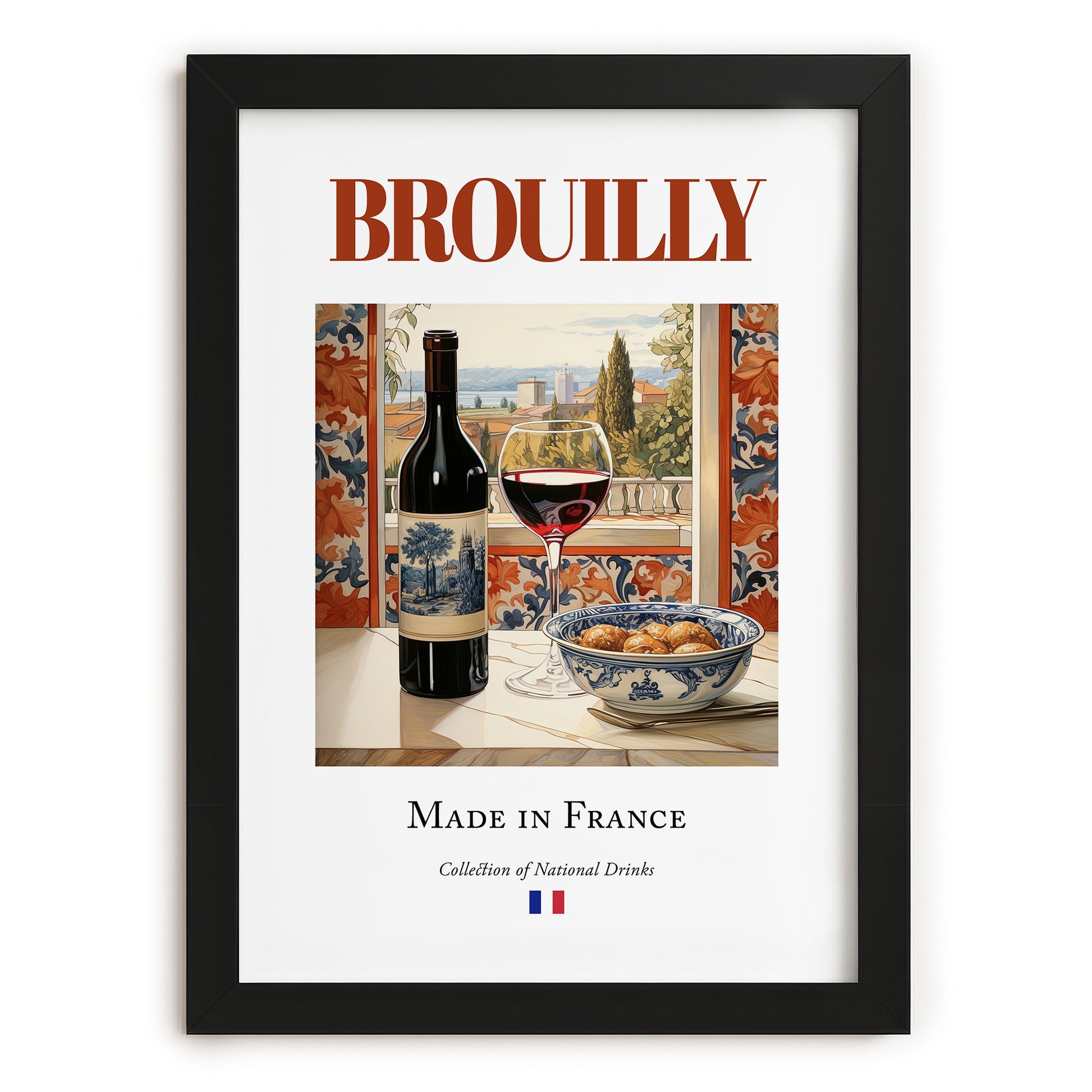 Brouilly – French Red Wine, Wine Bar Print, in sleek black frame