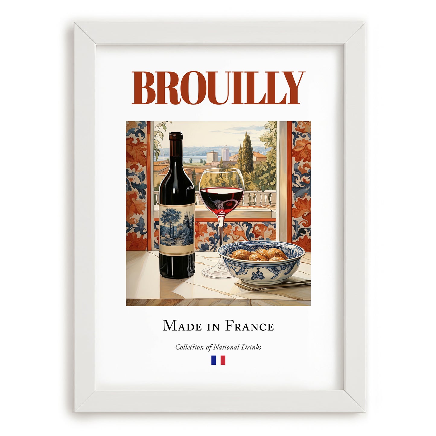 Brouilly – French Red Wine, Wine Bar Print, placed in minimal white frame
