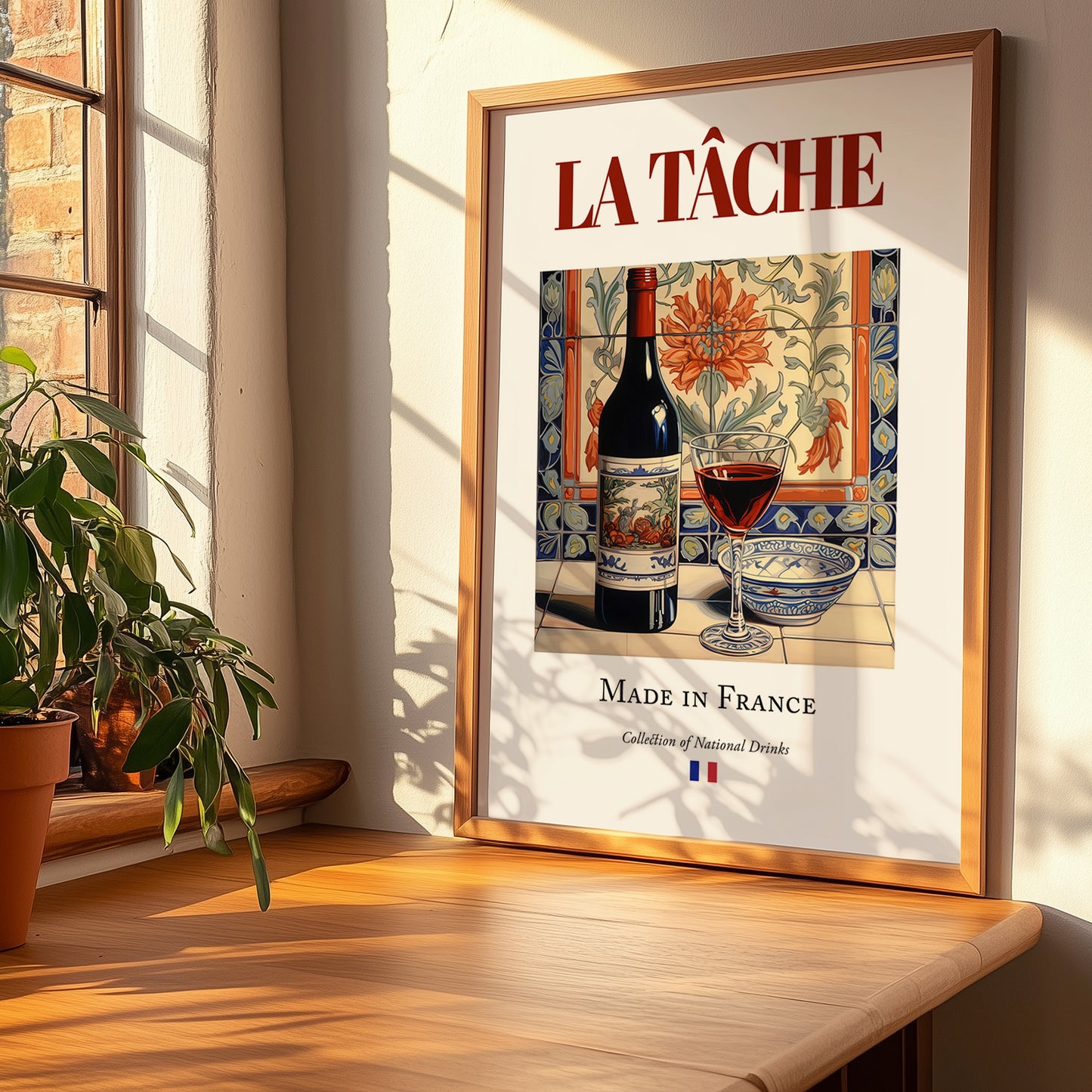 La Tâche – French Red Wine, Wine Bar Illustration, no-text version framed in wood