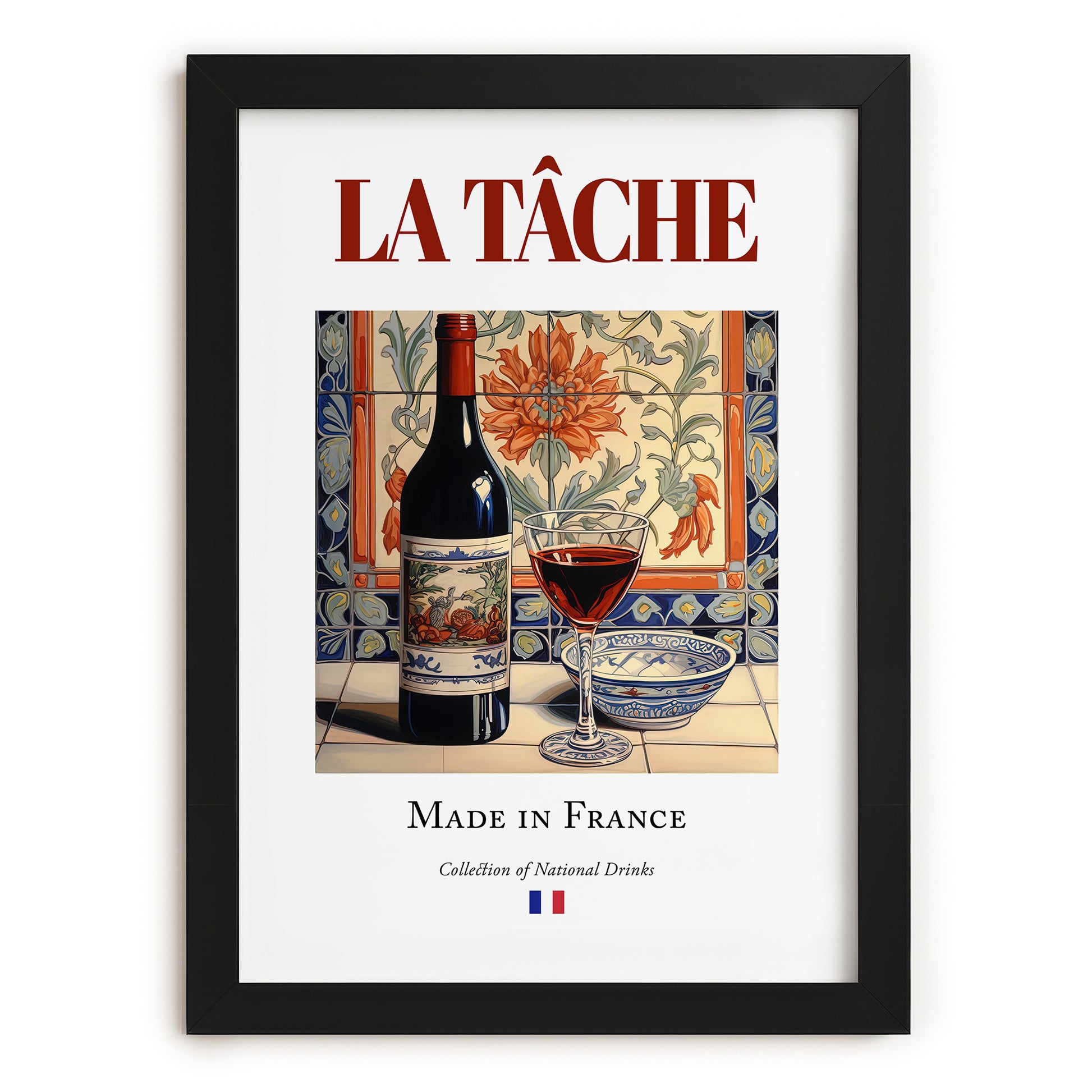 La Tâche – French Red Wine, Wine Bar Illustration, in sleek black frame