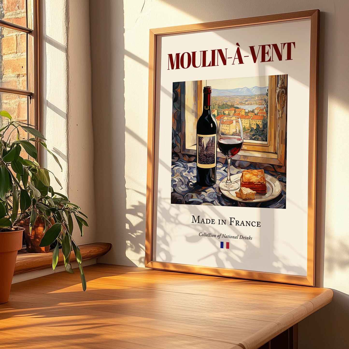 Moulin-à-Vent – French Red Wine, Wine Bar Still Life, no-text version framed in wood