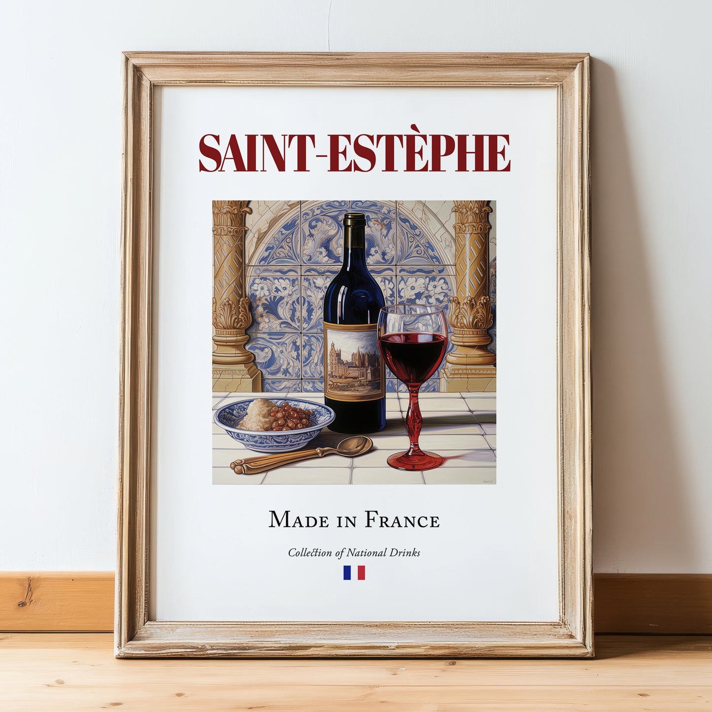 Saint-Estèphe – French Red Wine, Wine Bar Still Life, in wooden frame leaning on the floor