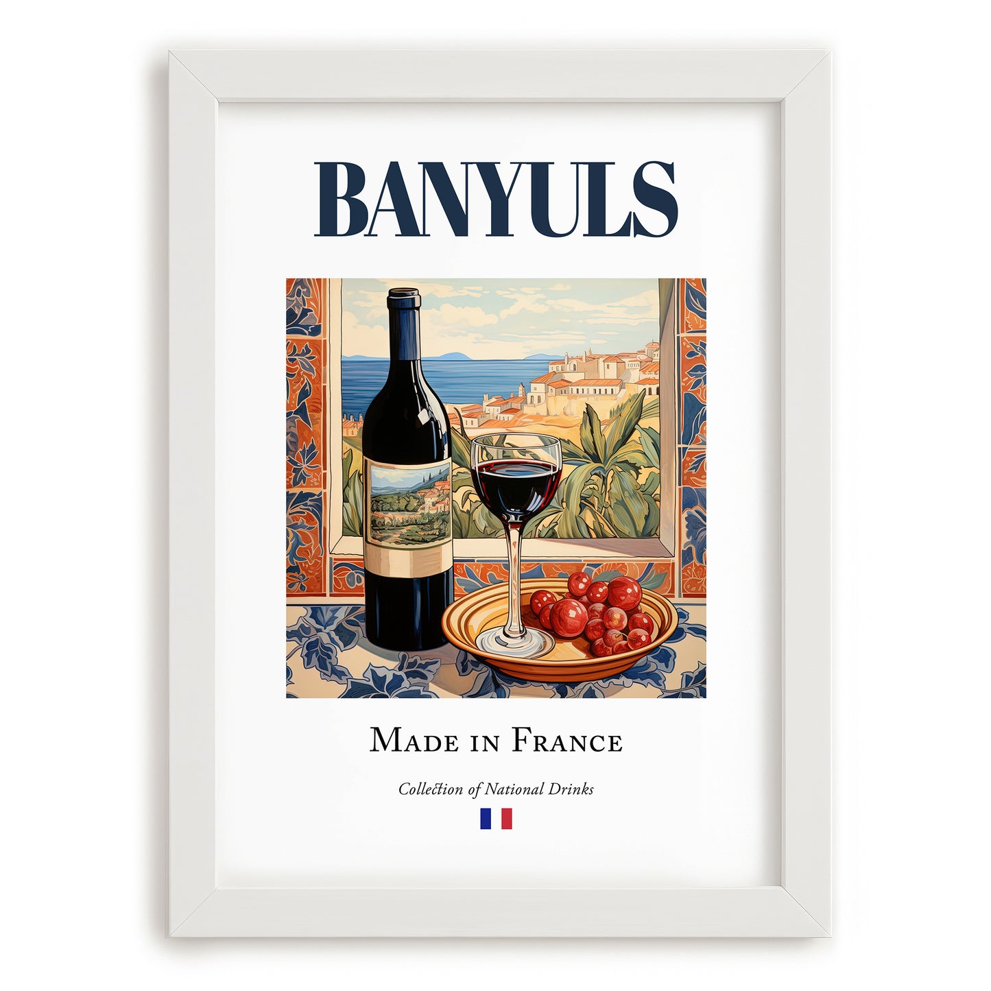 Banyuls – French Dessert Wine, Vineyard Terrace Art, placed in minimal white frame