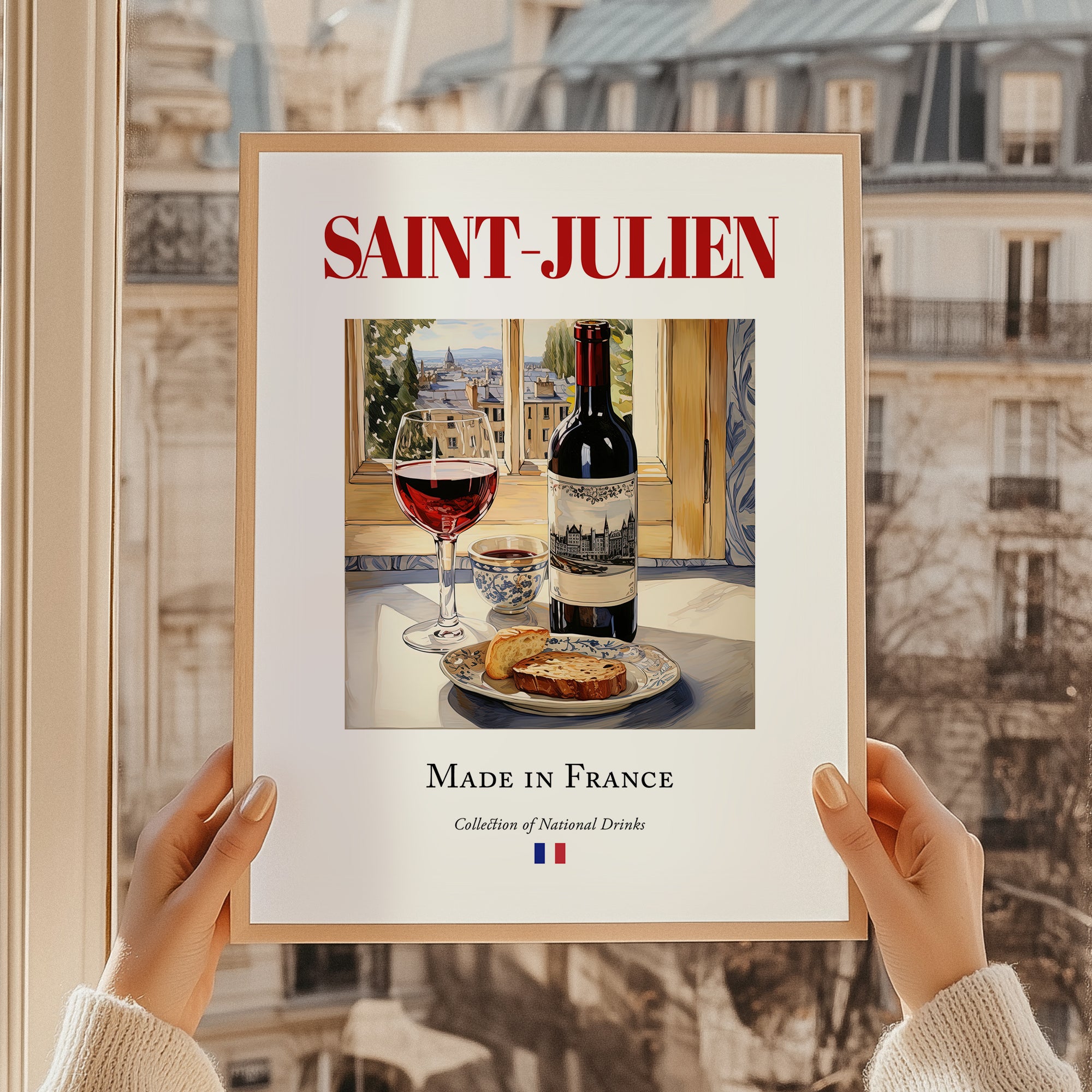 Saint-Julien – French Red Wine, Vinoteca Wall Art, styled in a charming Paris street view