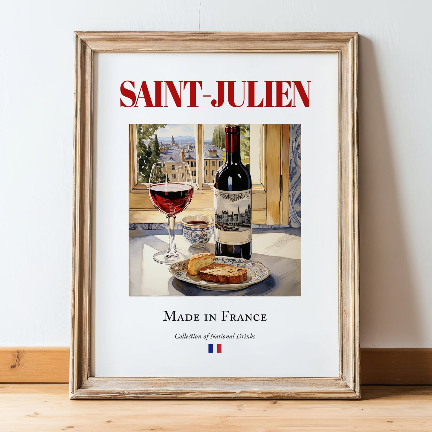 Saint-Julien – French Red Wine, Vinoteca Wall Art, in wooden frame leaning on the floor
