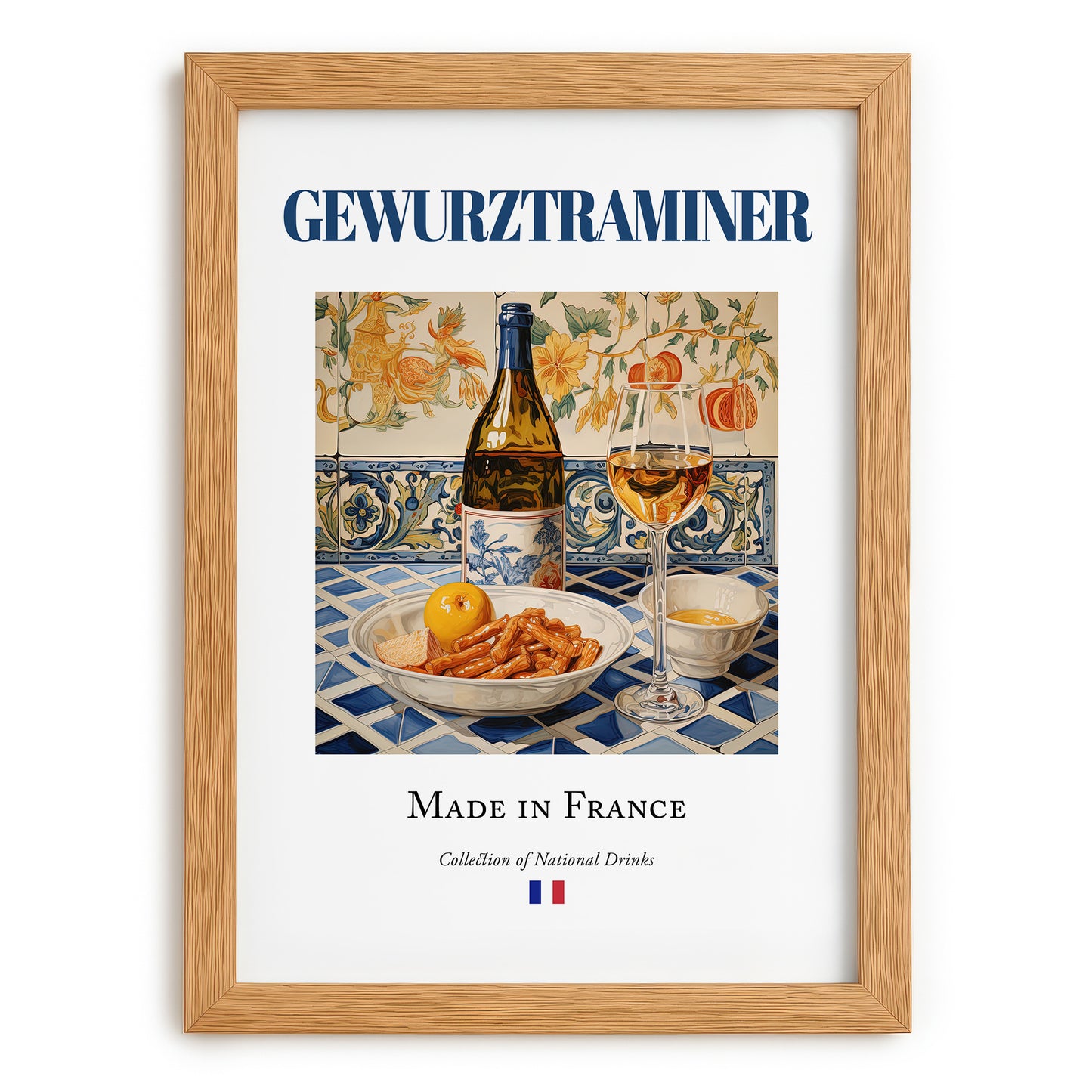 Gewurztraminer – French White Wine, Wine Bar Wall Art, set in oak frame