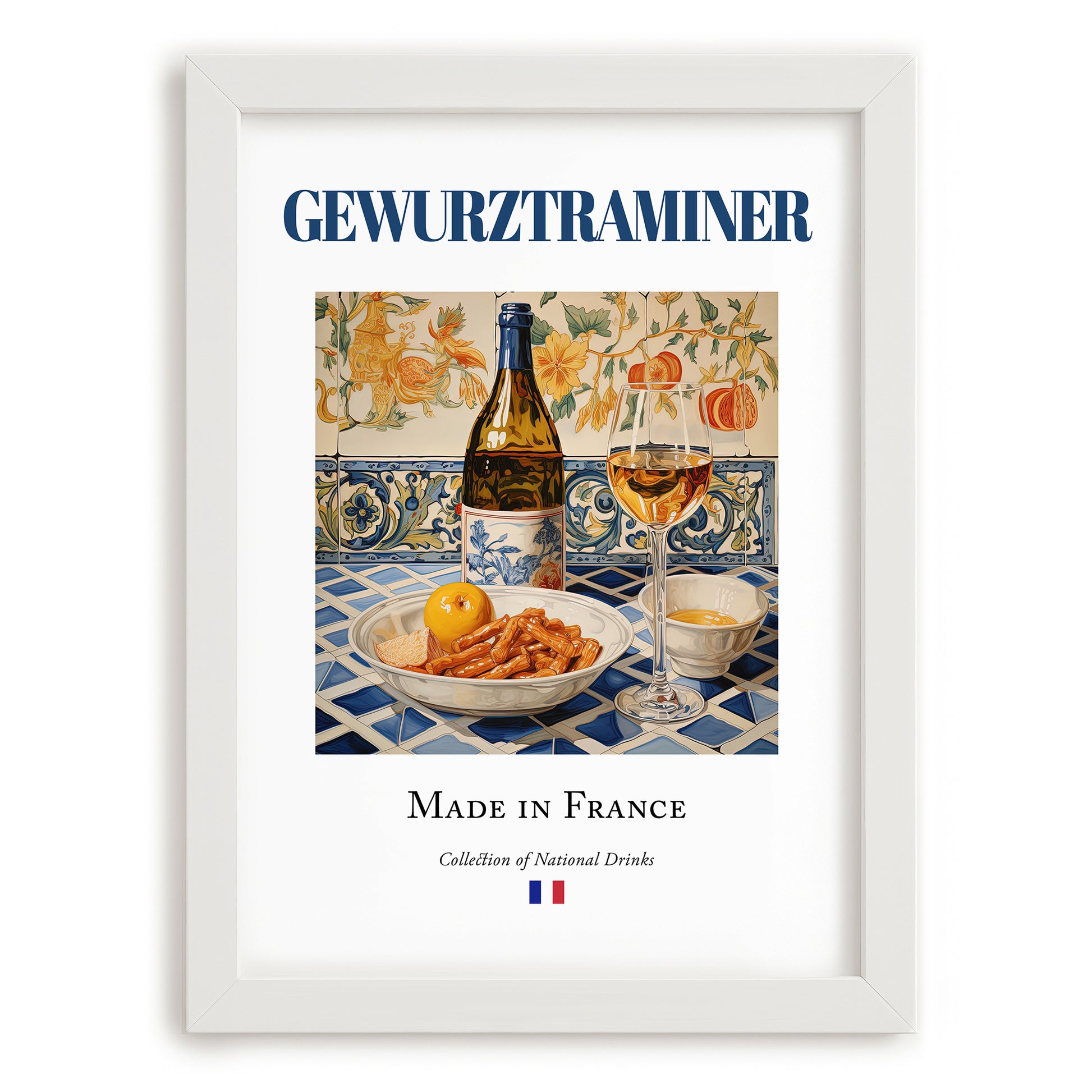 Gewurztraminer – French White Wine, Wine Bar Wall Art, placed in minimal white frame