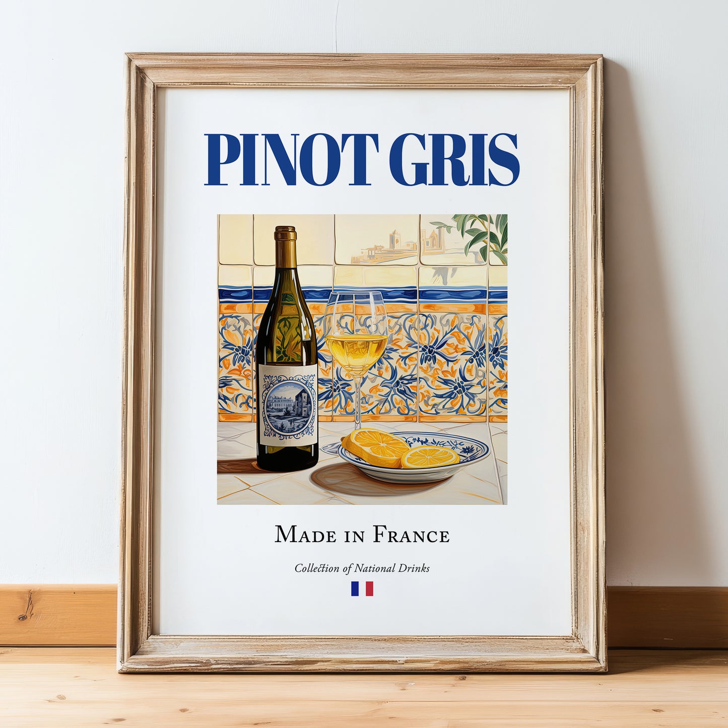 Pinot Gris – French White Wine, Tasting Room Still Life, in wooden frame leaning on the floor