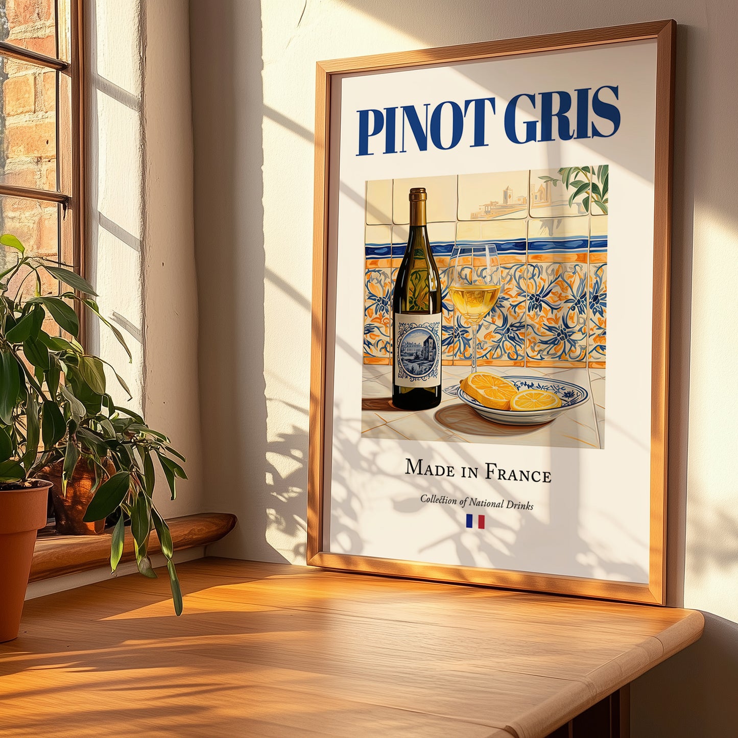 Pinot Gris – French White Wine, Tasting Room Still Life, no-text version framed in wood