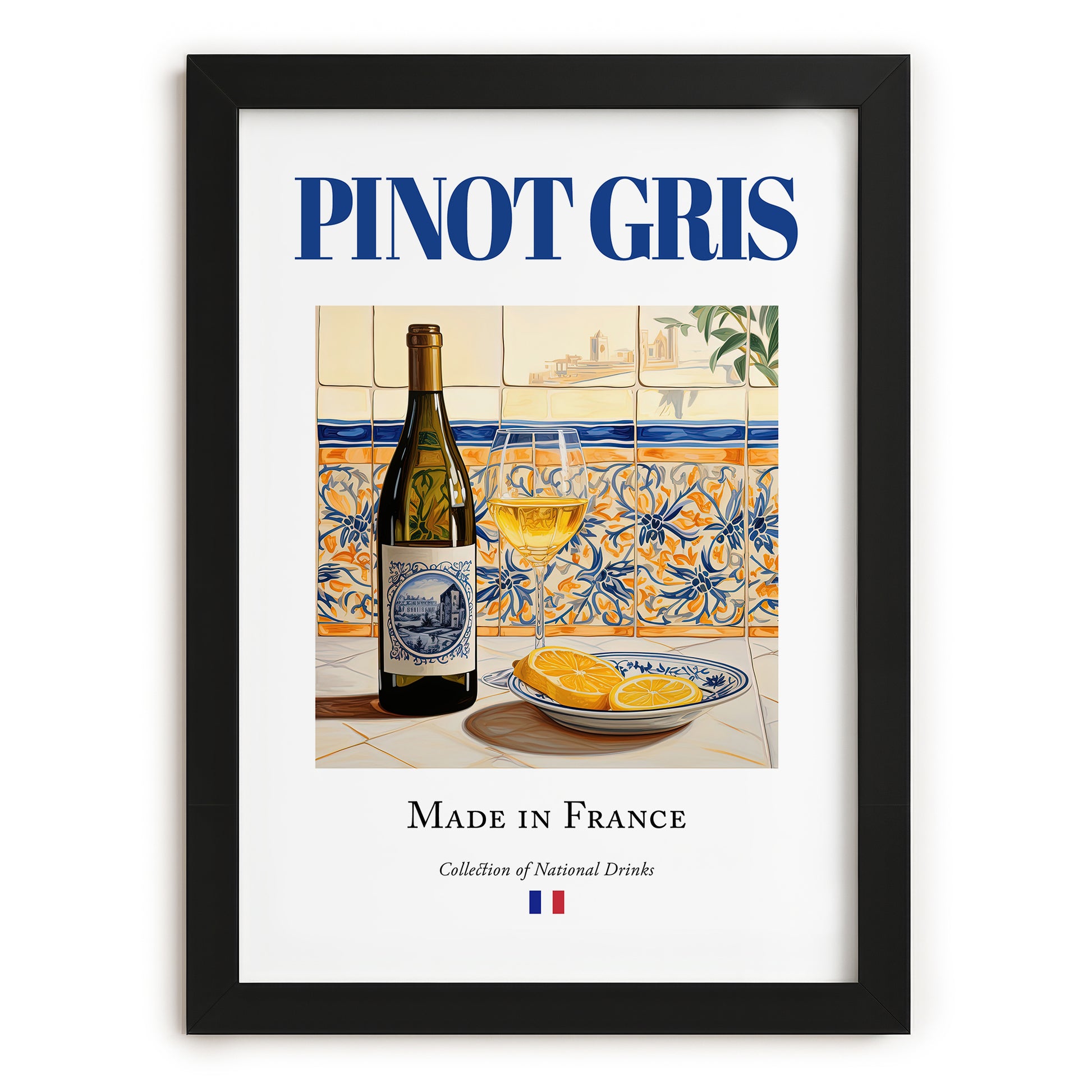 Pinot Gris – French White Wine, Tasting Room Still Life, in sleek black frame