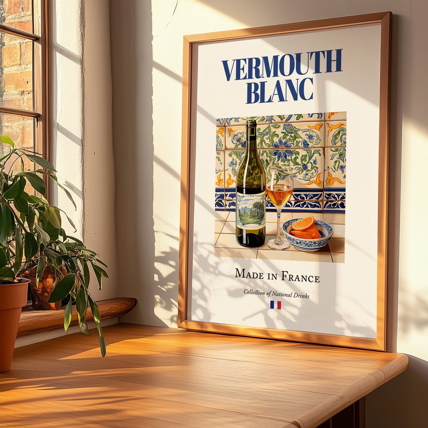 Vermouth blanc – French Liqueur Drink, Hotel Lobby Poster, no-text version framed in wood