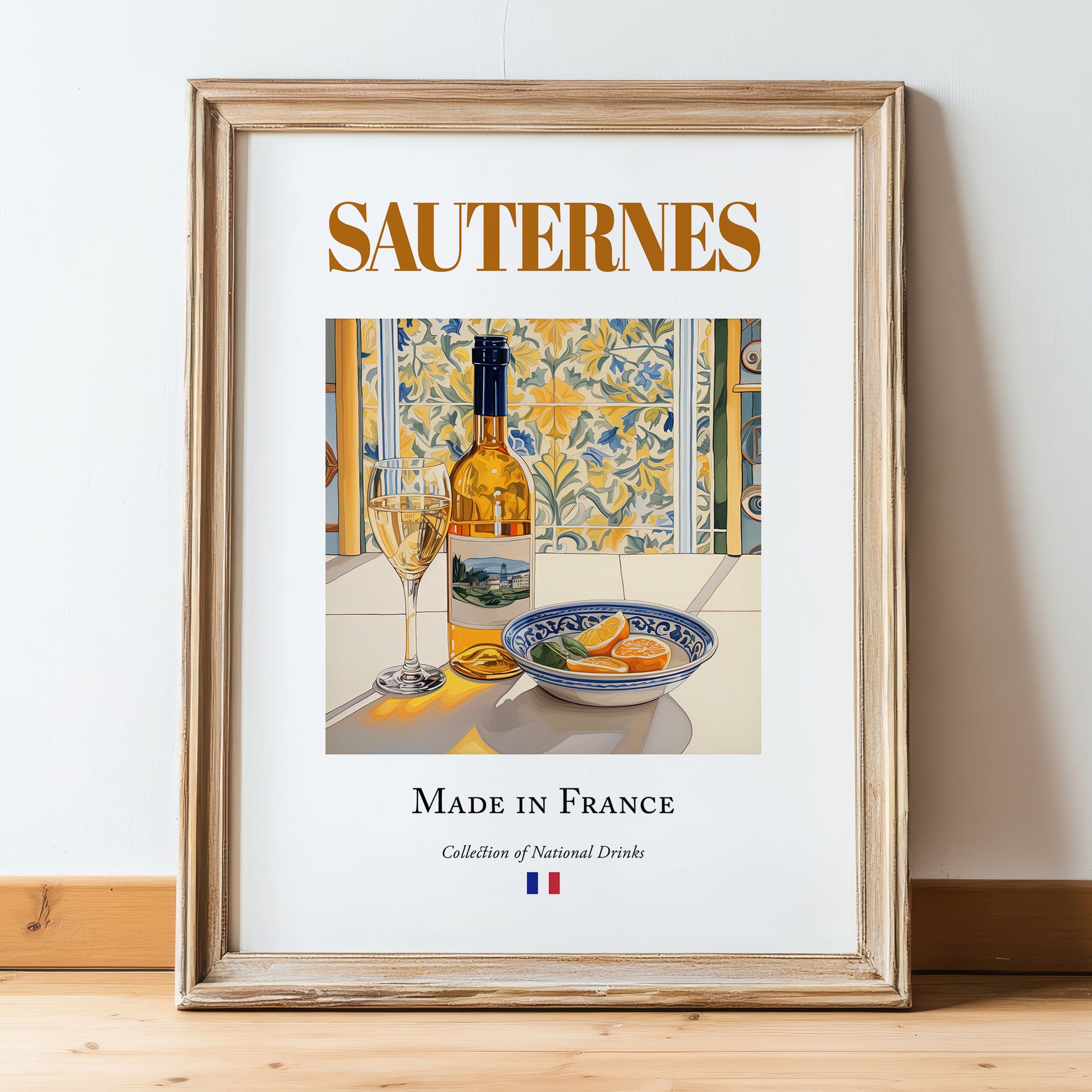 Sauternes – French Dessert Wine, Enoteca Still Life, in wooden frame leaning on the floor