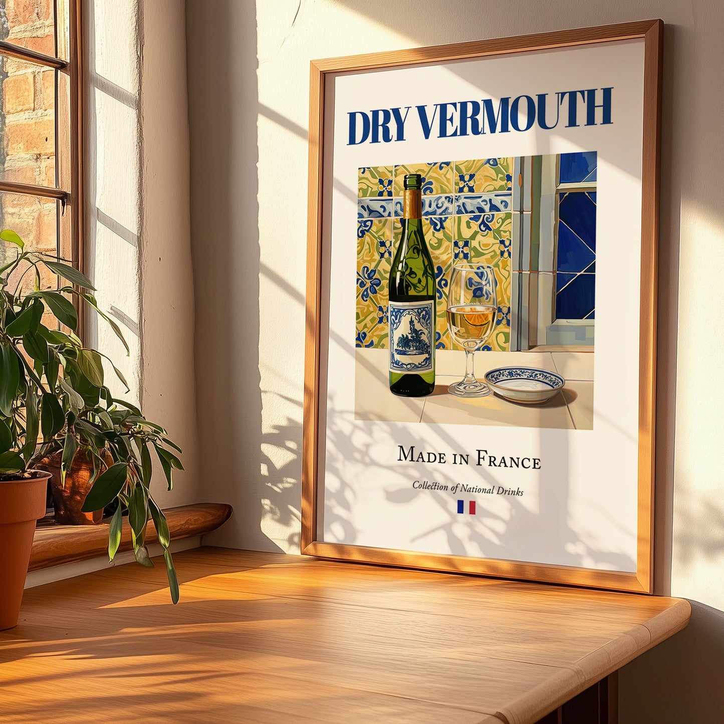 Dry Vermouth – French Liqueur Drink, Sky Bar Wall Decor, no-text version framed in wood