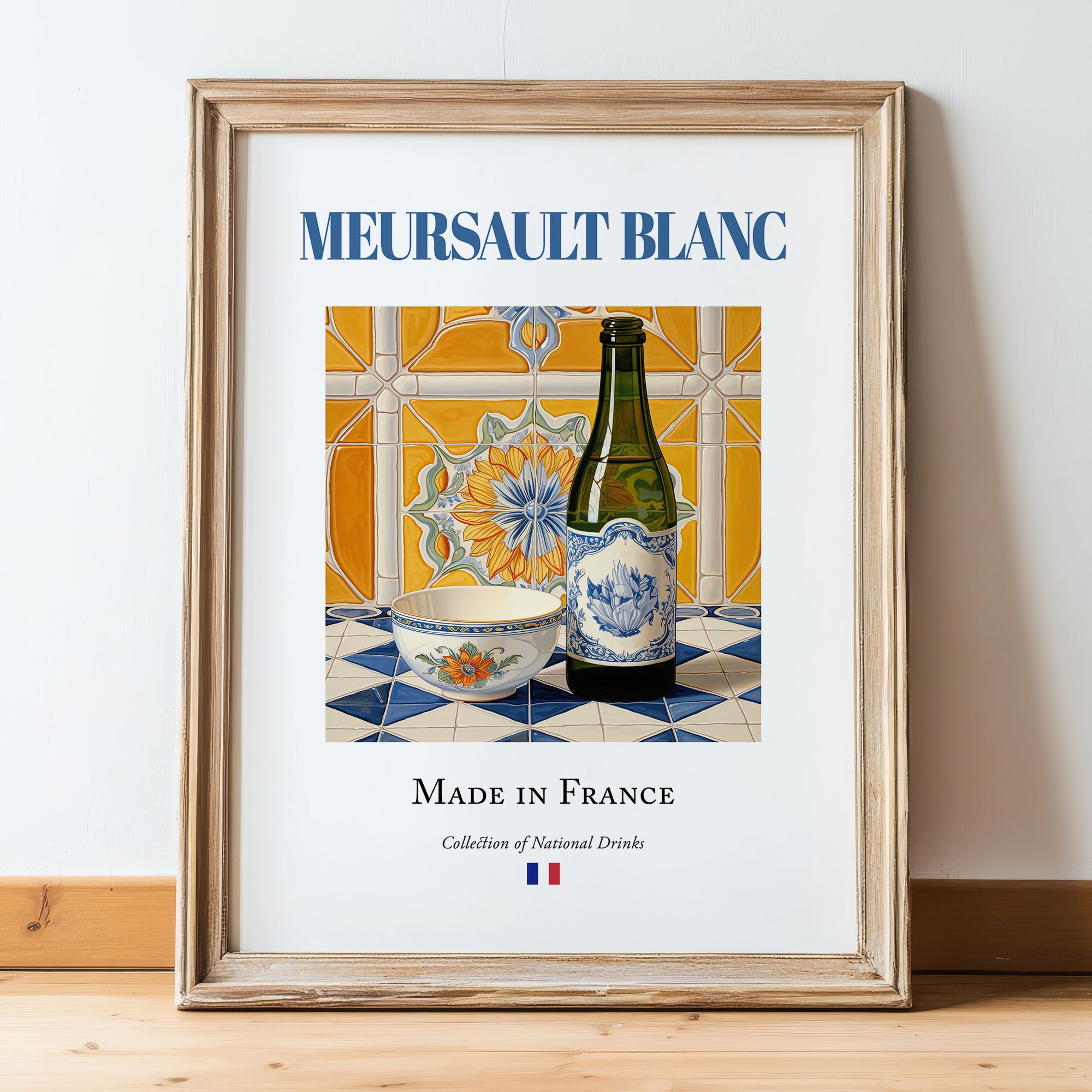 Meursault blanc – French White Wine, Vinoteca Wall Decor, in wooden frame leaning on the floor