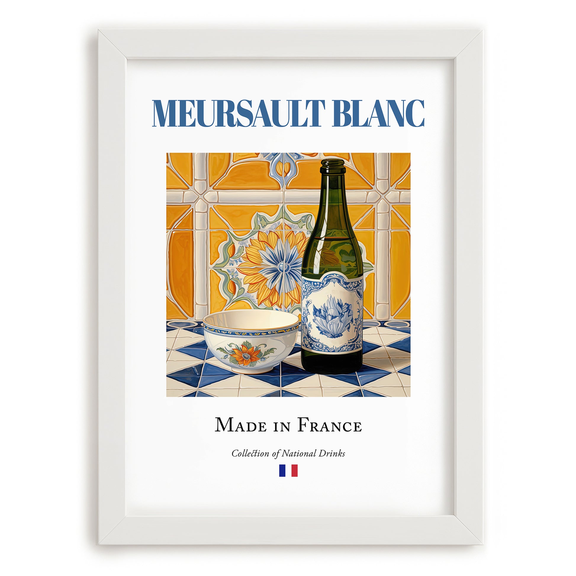 Meursault blanc – French White Wine, Vinoteca Wall Decor, placed in minimal white frame