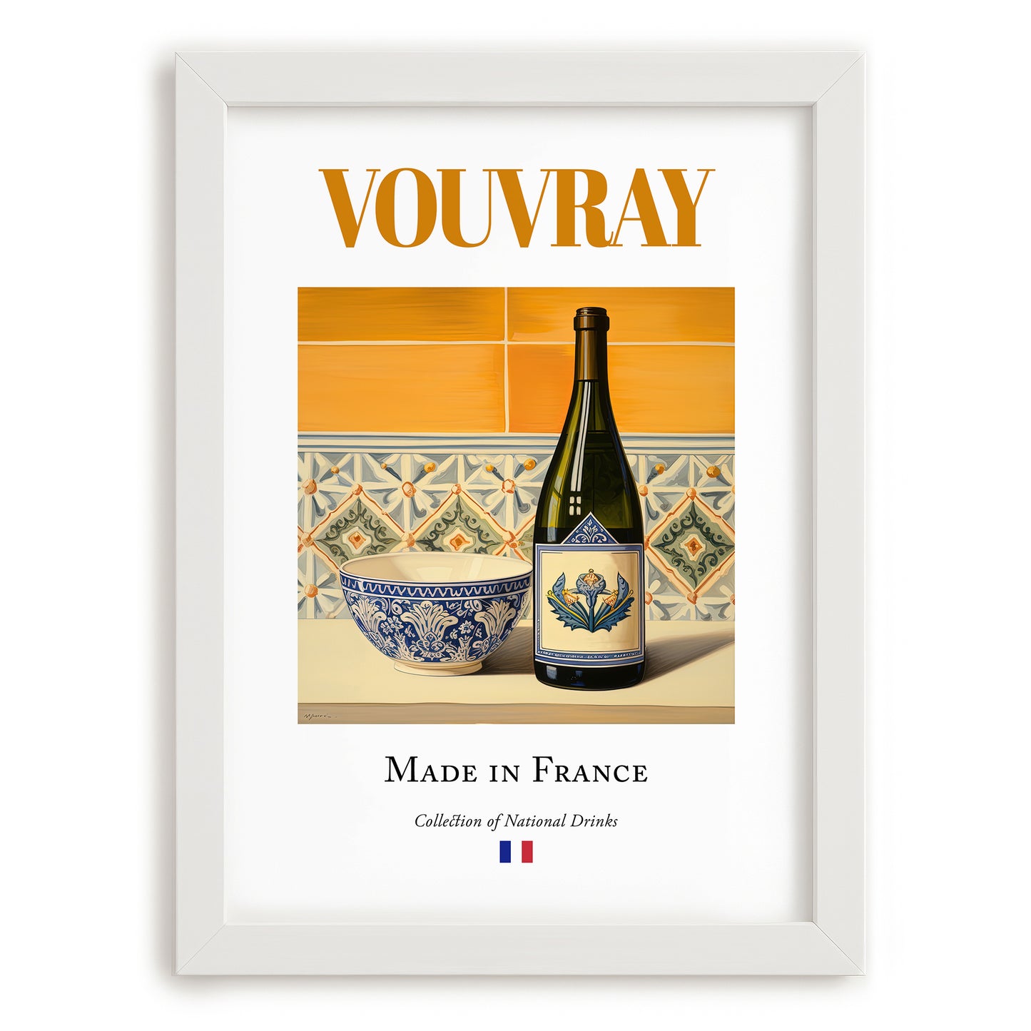 Vouvray – French White Wine, Wine Bar Wall Art, placed in minimal white frame