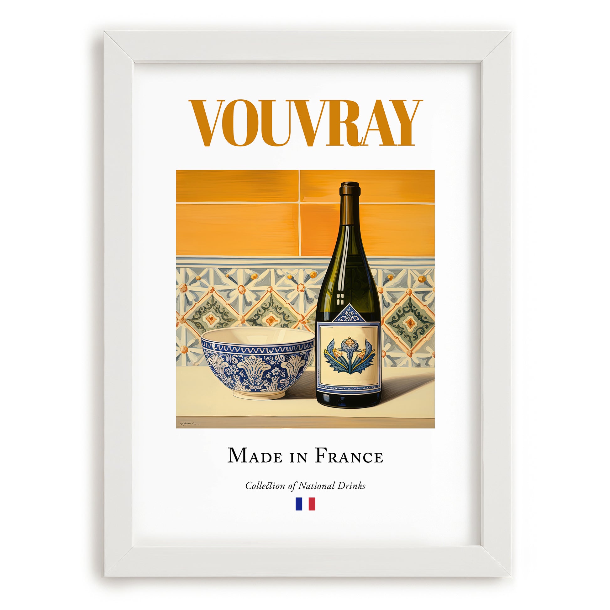 Vouvray – French White Wine, Wine Bar Wall Art, placed in minimal white frame