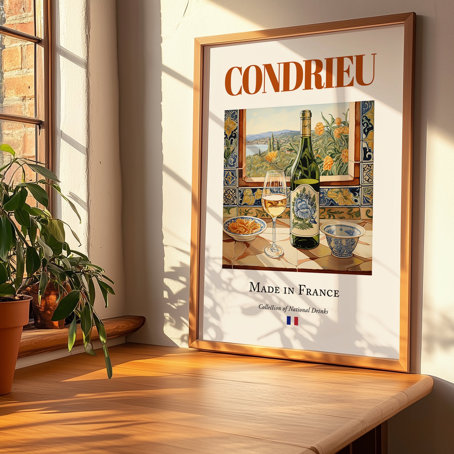 Condrieu – French White Wine, Enoteca Print, no-text version framed in wood
