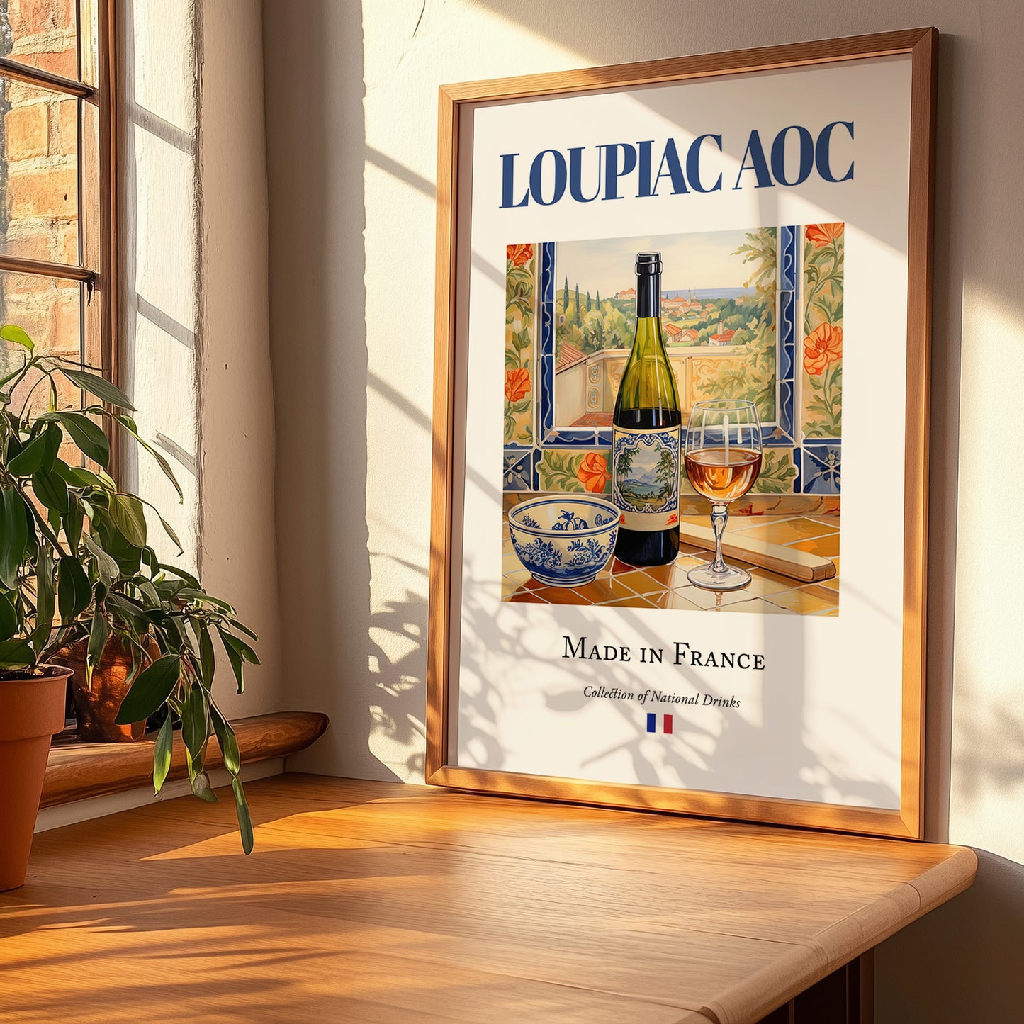 Loupiac AOC – French Dessert Wine, Vineyard Terrace Wall Decor, no-text version framed in wood