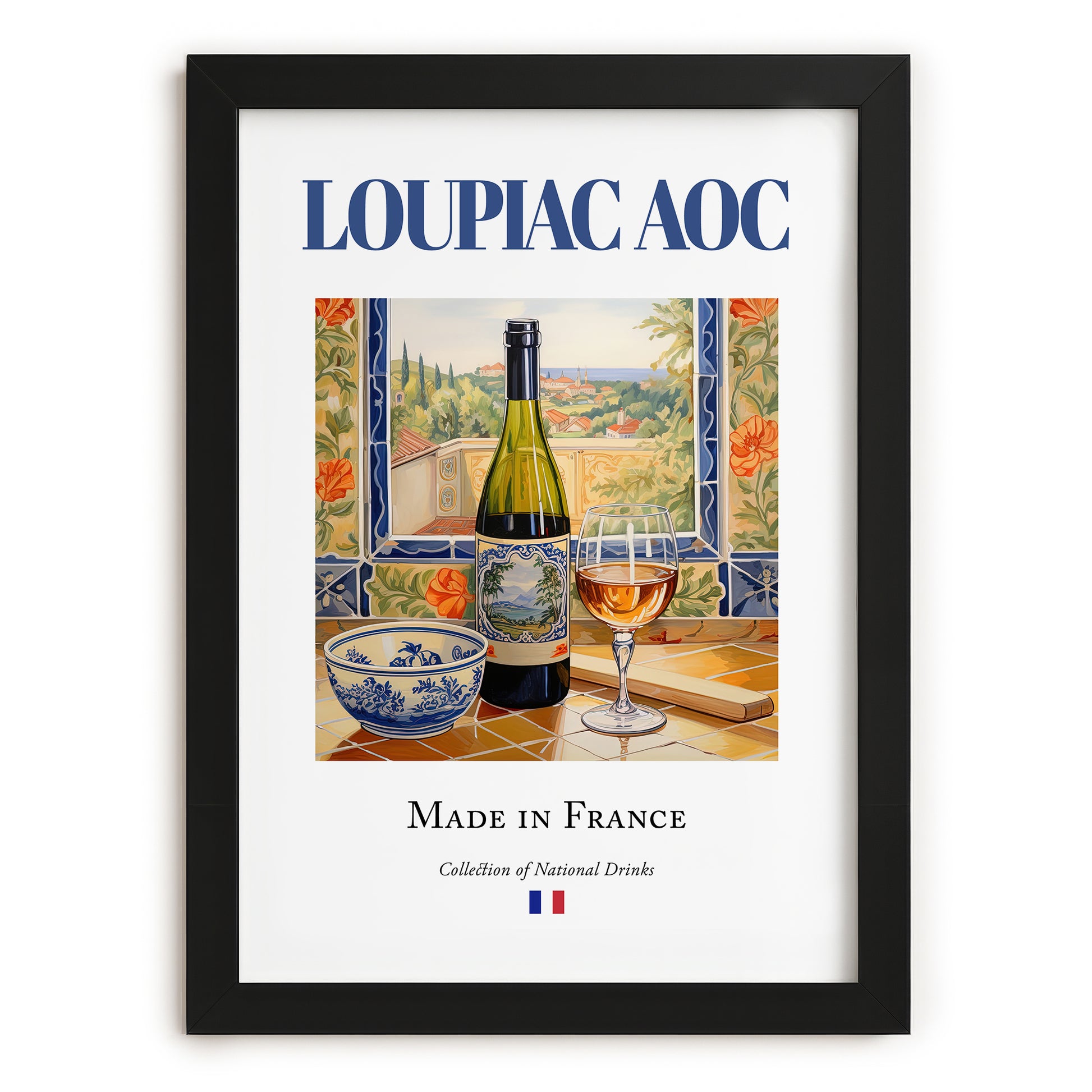 Loupiac AOC – French Dessert Wine, Vineyard Terrace Wall Decor, in sleek black frame