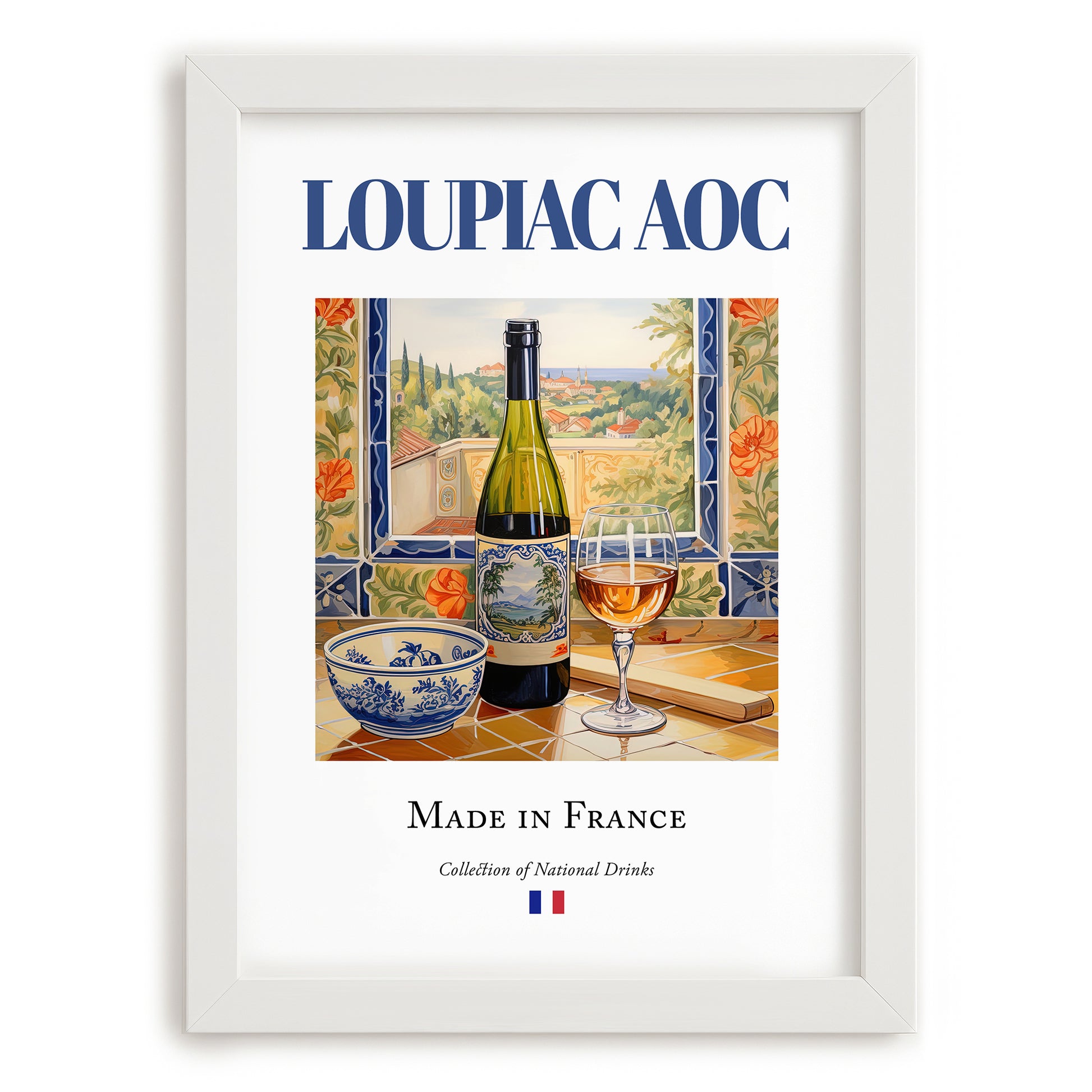 Loupiac AOC – French Dessert Wine, Vineyard Terrace Wall Decor, placed in minimal white frame