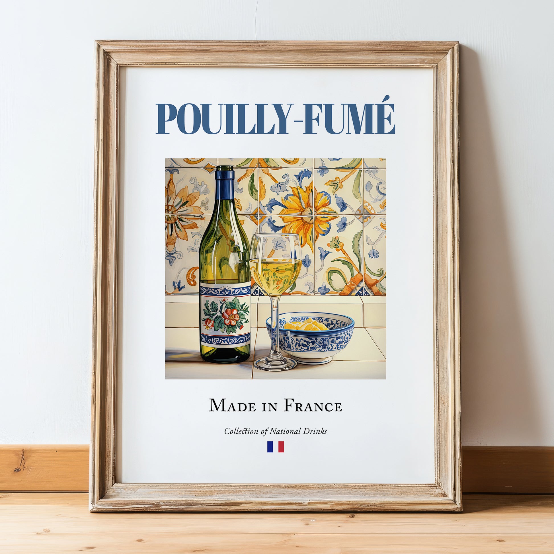 Pouilly-Fumé – French White Wine, Tasting Room Still Life, in wooden frame leaning on the floor