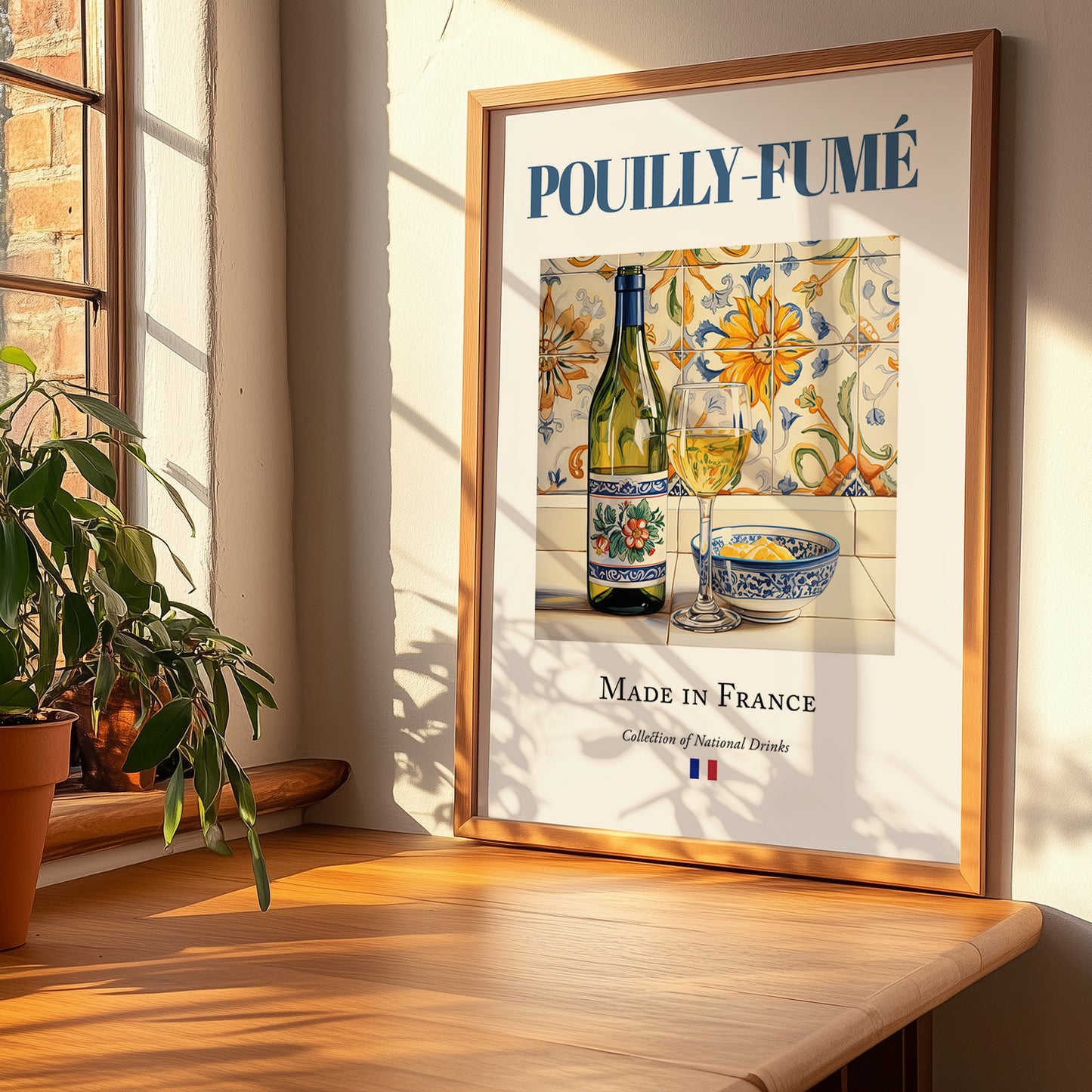 Pouilly-Fumé – French White Wine, Tasting Room Still Life, no-text version framed in wood