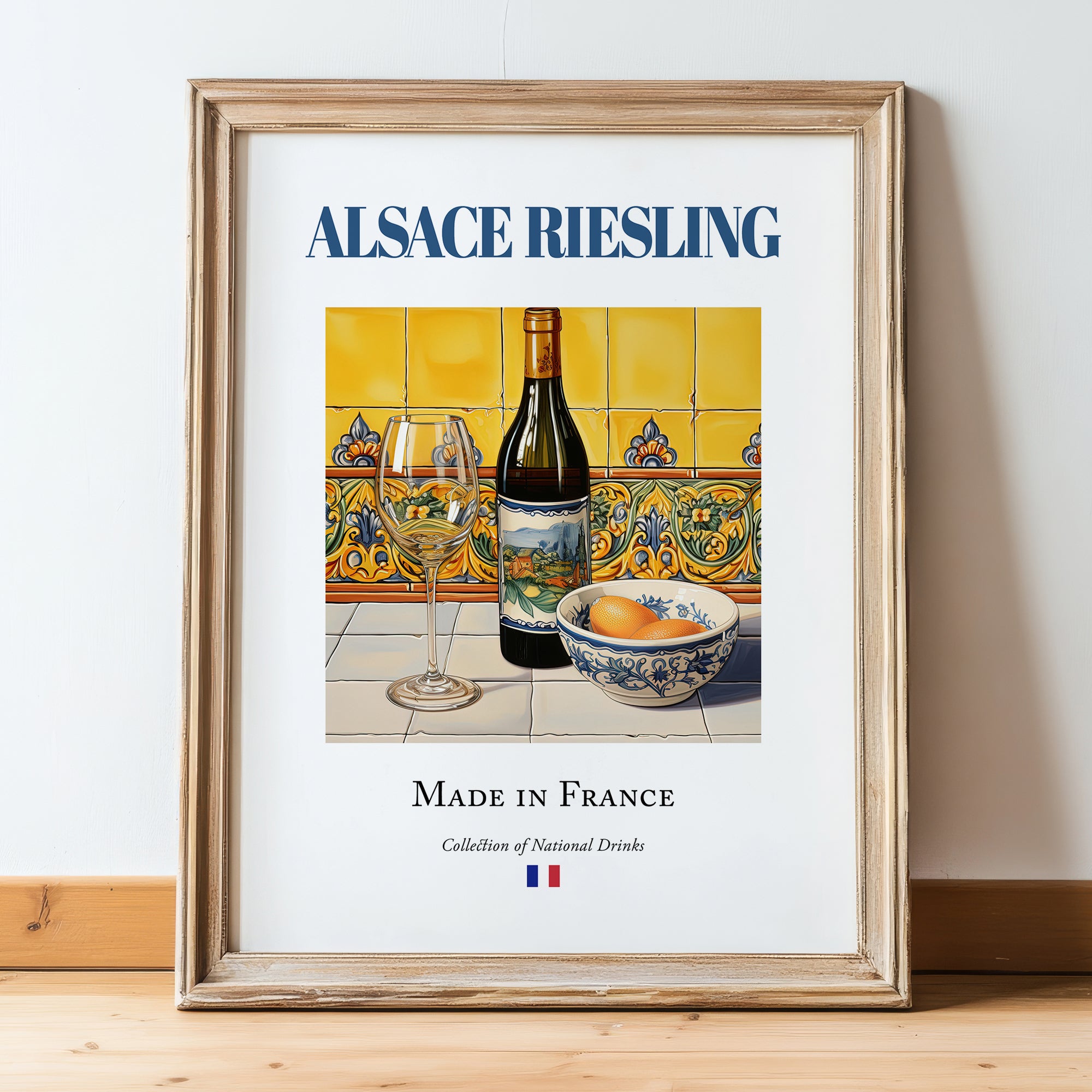 Alsace Riesling – French White Wine, Bodega Wall Decor, in wooden frame leaning on the floor