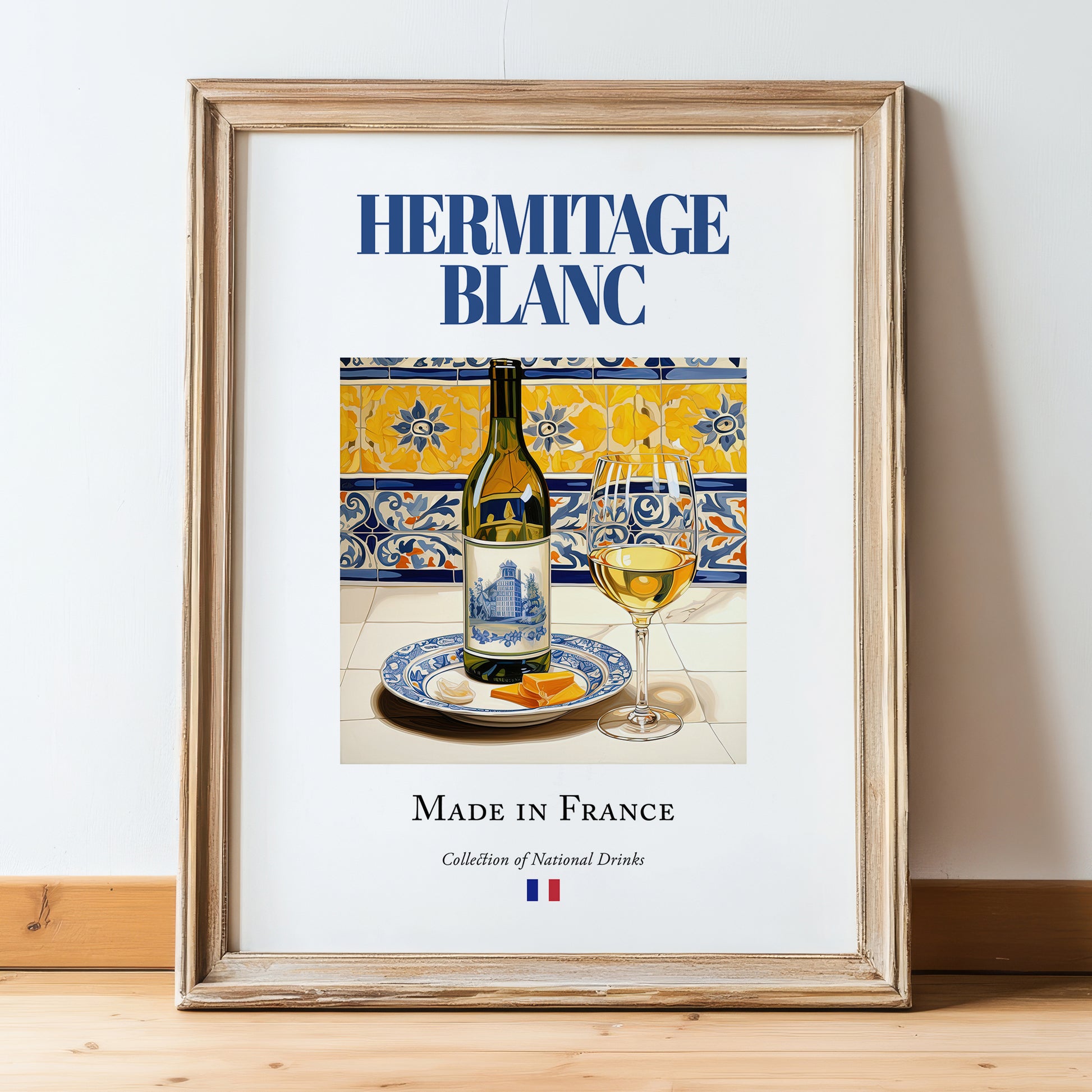 Hermitage blanc – French White Wine, Vineyard Terrace Wall Art, in wooden frame leaning on the floor