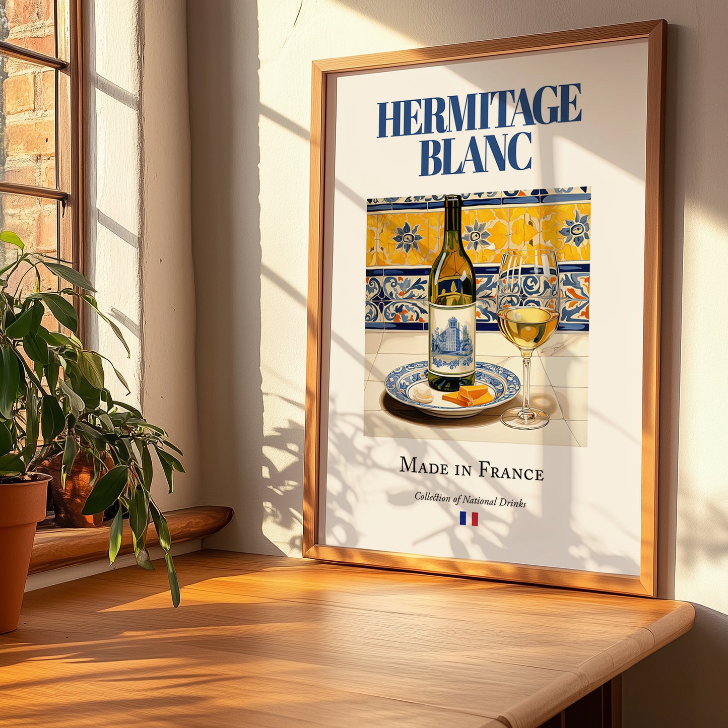 Hermitage blanc – French White Wine, Vineyard Terrace Wall Art, no-text version framed in wood
