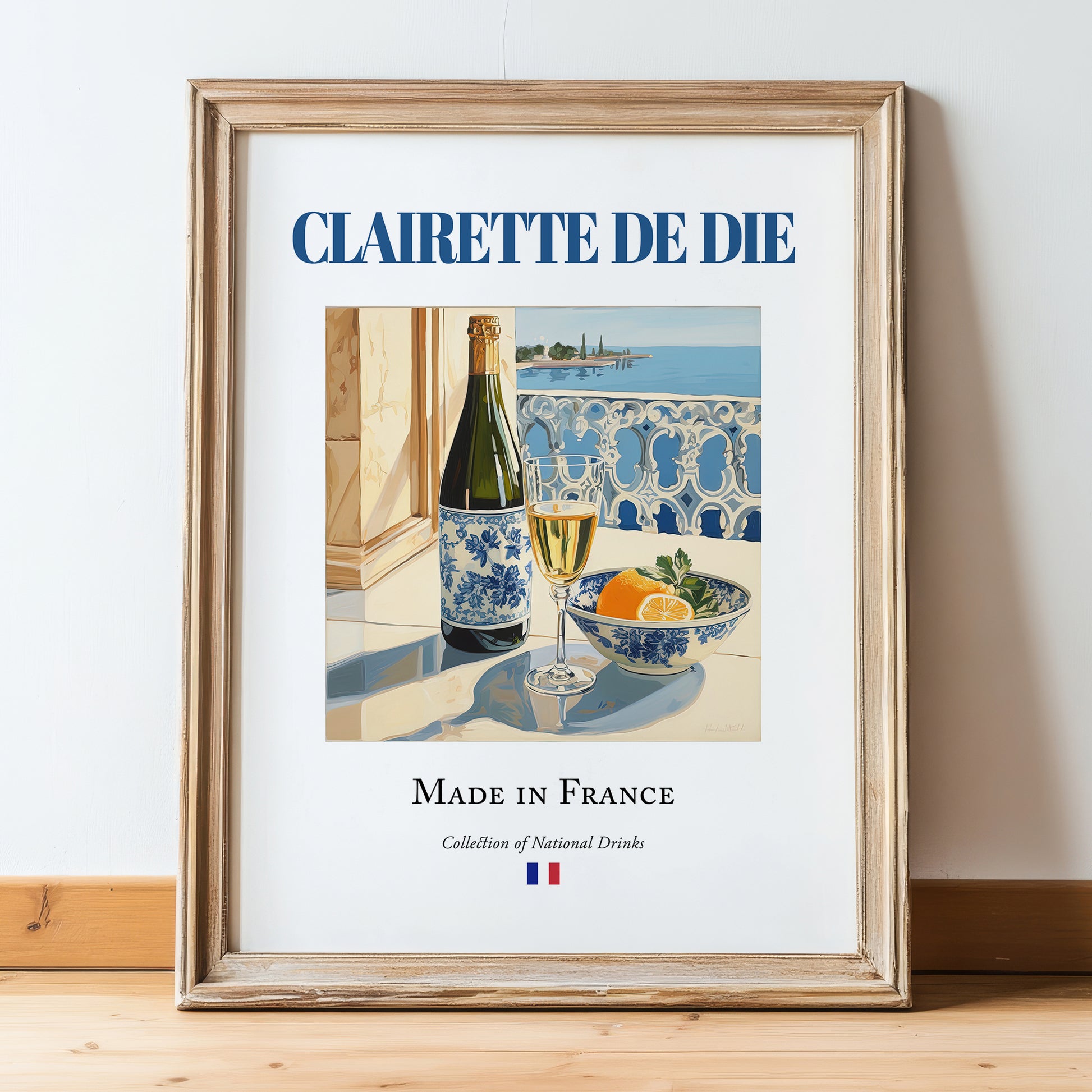 Clairette de Die – French Sparkling Wine, Vinoteca Poster, in wooden frame leaning on the floor