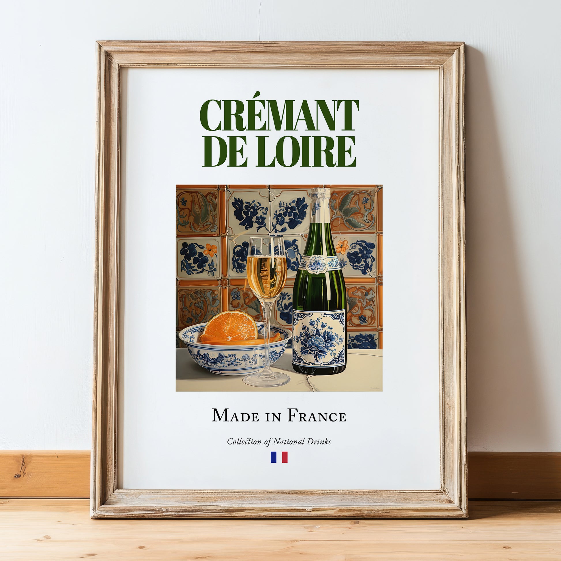 Crémant de Loire – French Sparkling Wine, Wine Bar Illustration, in wooden frame leaning on the floor