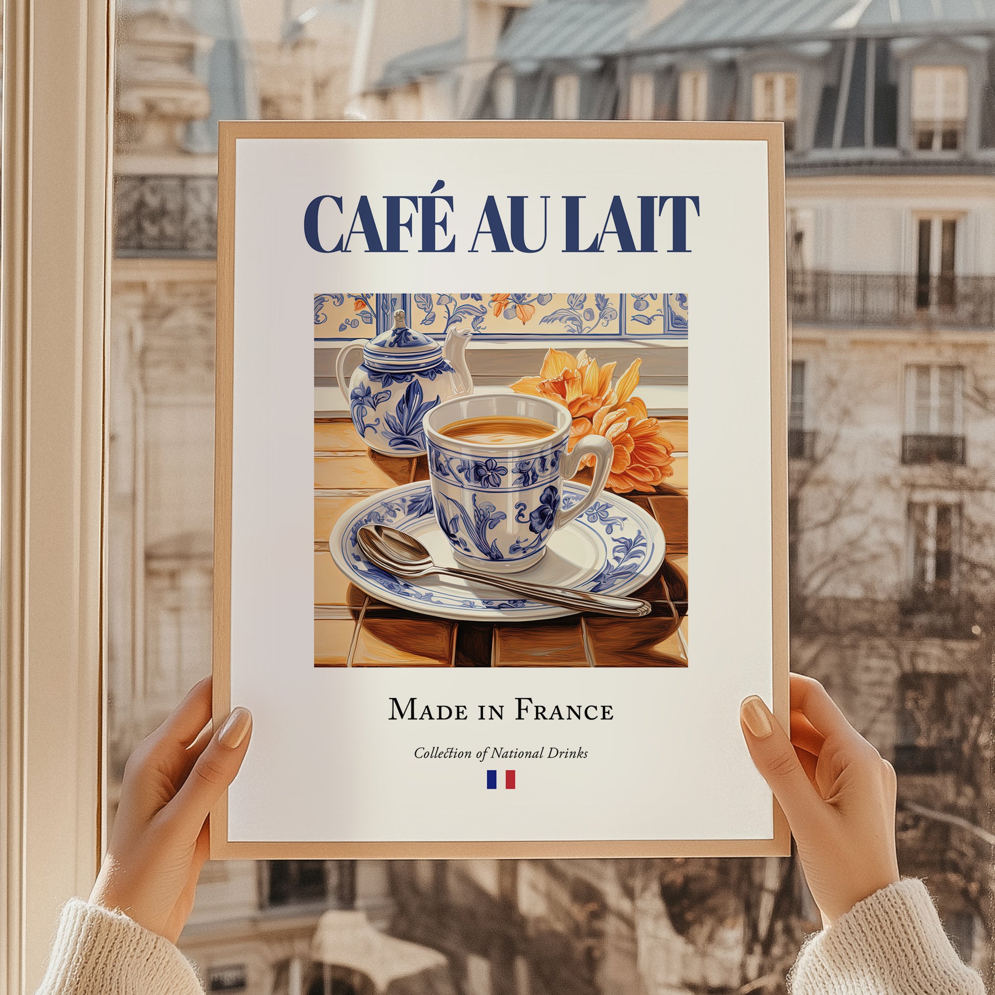 Café au lait – French Coffee, Espresso Bar Print, styled in a charming Paris street view