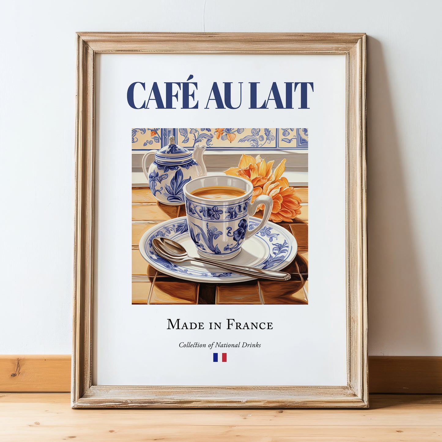 Café au lait – French Coffee, Espresso Bar Print, in wooden frame leaning on the floor
