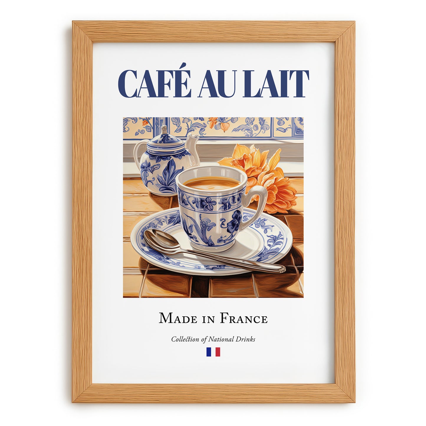 Café au lait – French Coffee, Espresso Bar Print, set in oak frame