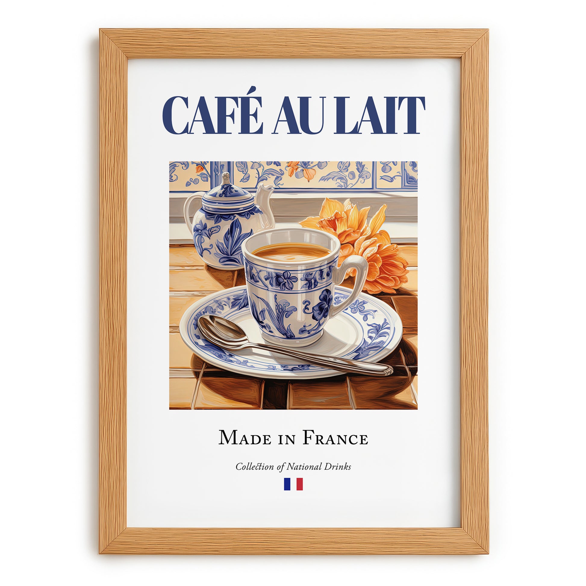 Café au lait – French Coffee, Espresso Bar Print, set in oak frame