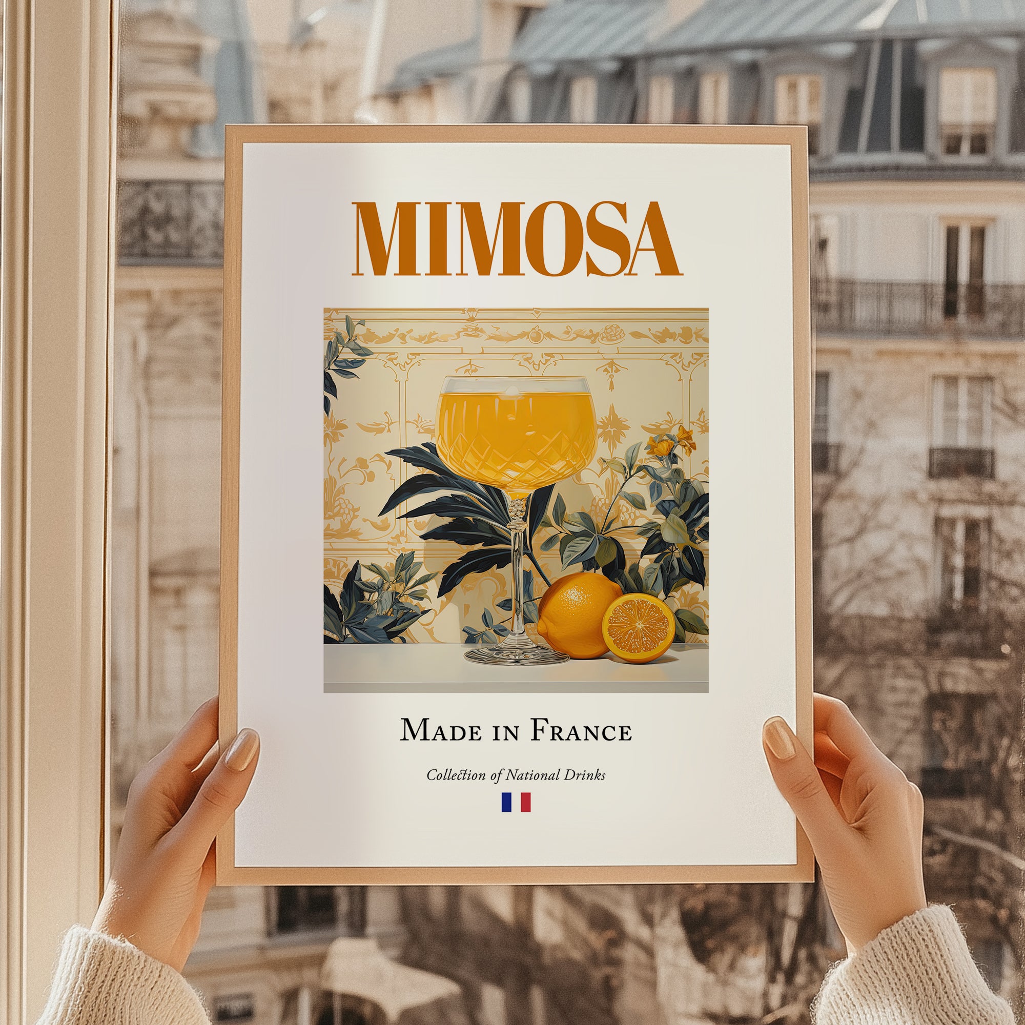 Mimosa – French Cocktail Drink, Beach Bar Art, styled in a charming Paris street view