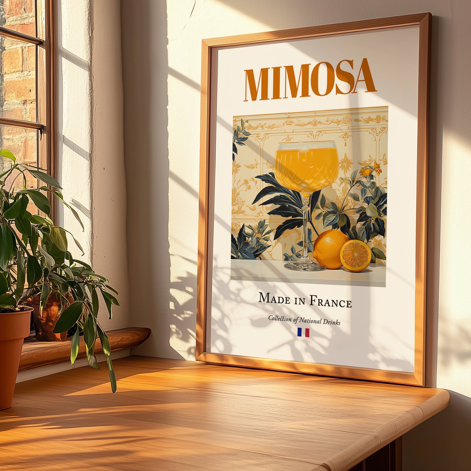 Mimosa – French Cocktail Drink, Beach Bar Art, no-text version framed in wood