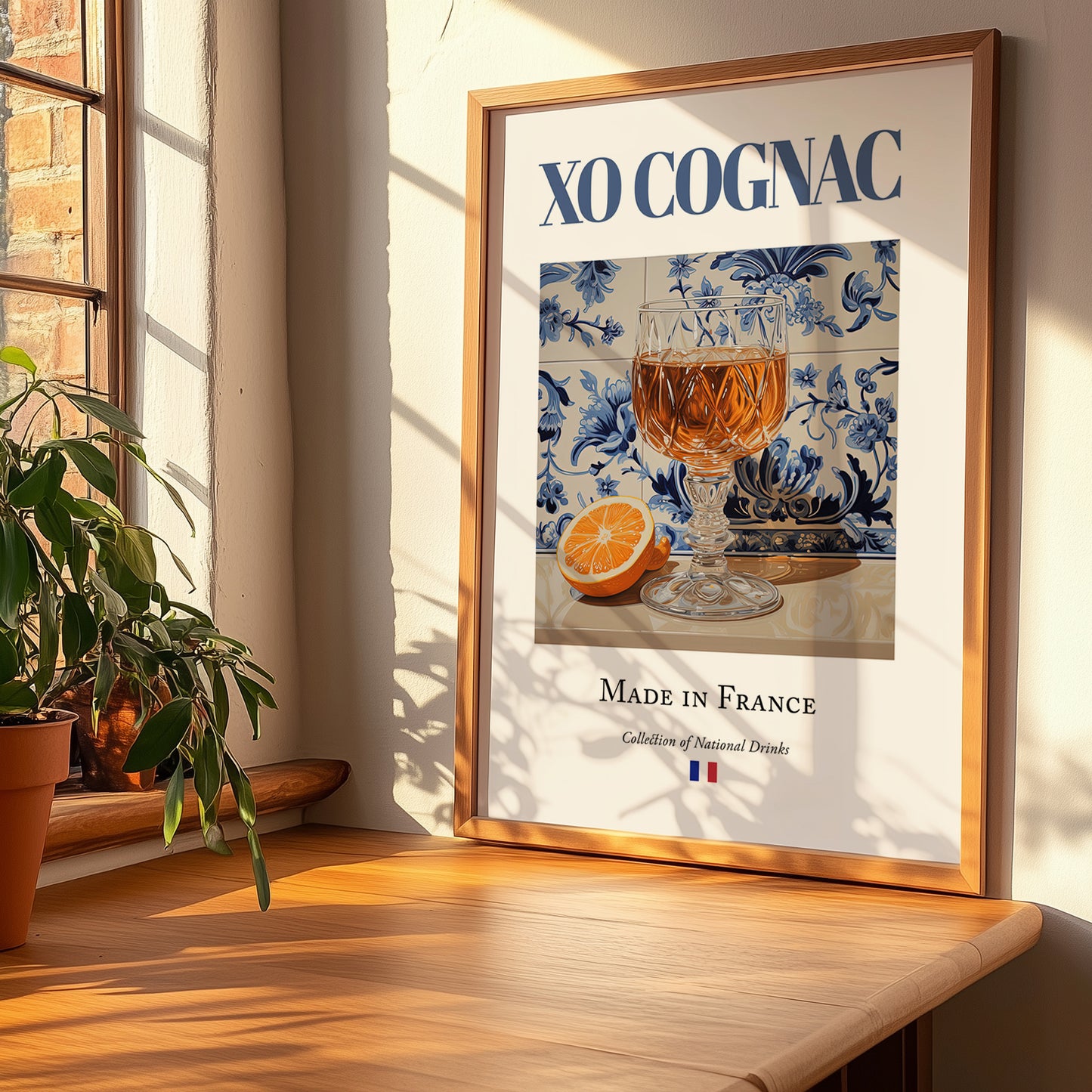 XO Cognac – French Spirit Drink, Beach Bar Poster, no-text version framed in wood