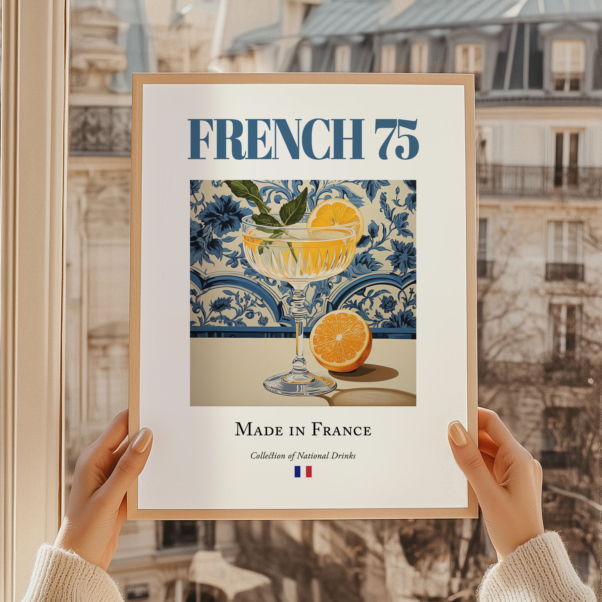 French 75 – French Cocktail Drink, Rooftop Terrace Print, styled in a charming Paris street view