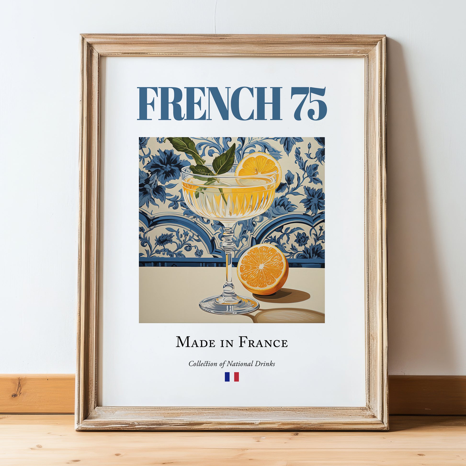 French 75 – French Cocktail Drink, Rooftop Terrace Print, in wooden frame leaning on the floor