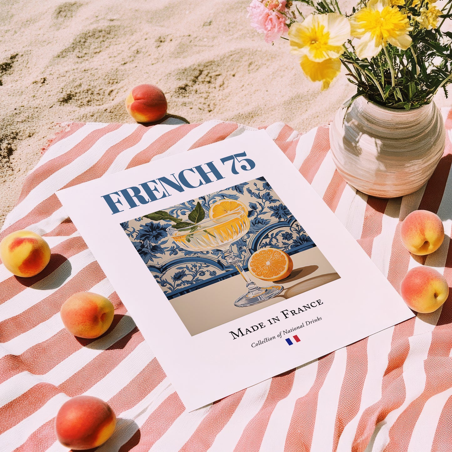 French 75 – French Cocktail Drink, Rooftop Terrace Print, unframed on coastal sand
