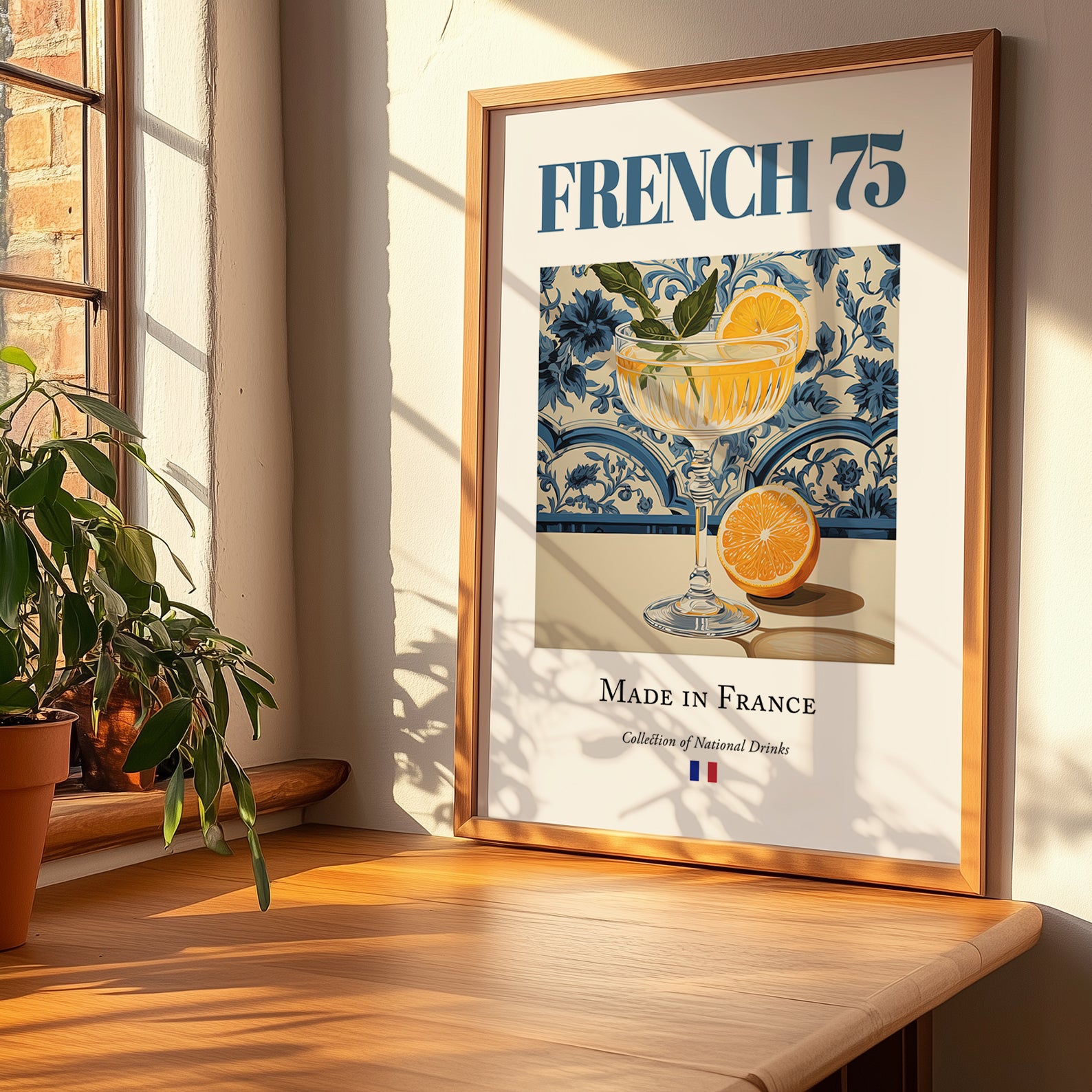 French 75 – French Cocktail Drink, Rooftop Terrace Print, no-text version framed in wood