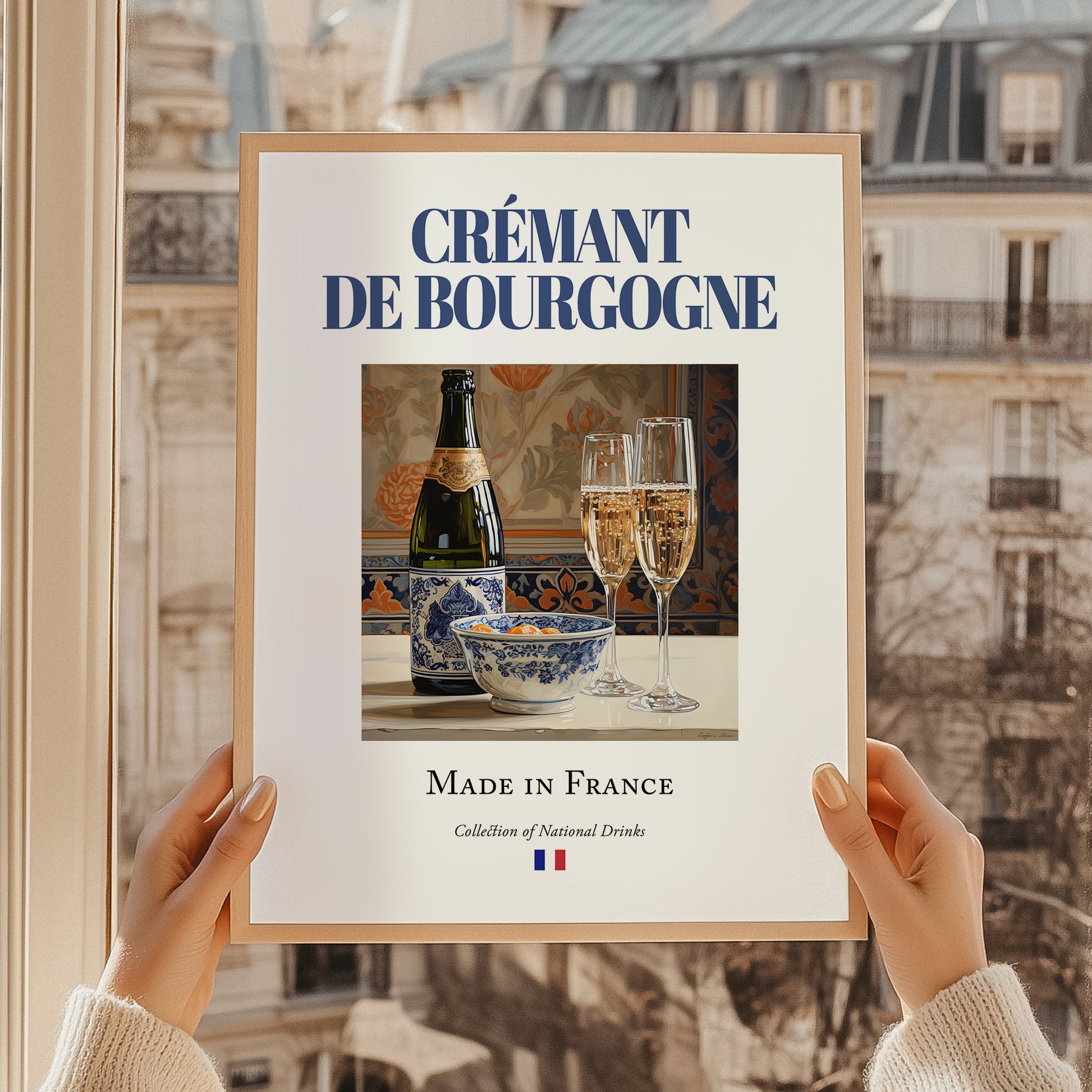 Crémant de Bourgogne – French Sparkling Wine, Wine Bar Poster, styled in a charming Paris street view