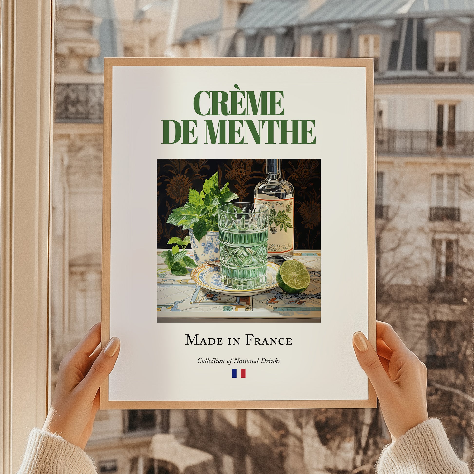 Crème de menthe – French Liqueur Drink, Cocktail Lounge Painting, styled in a charming Paris street view