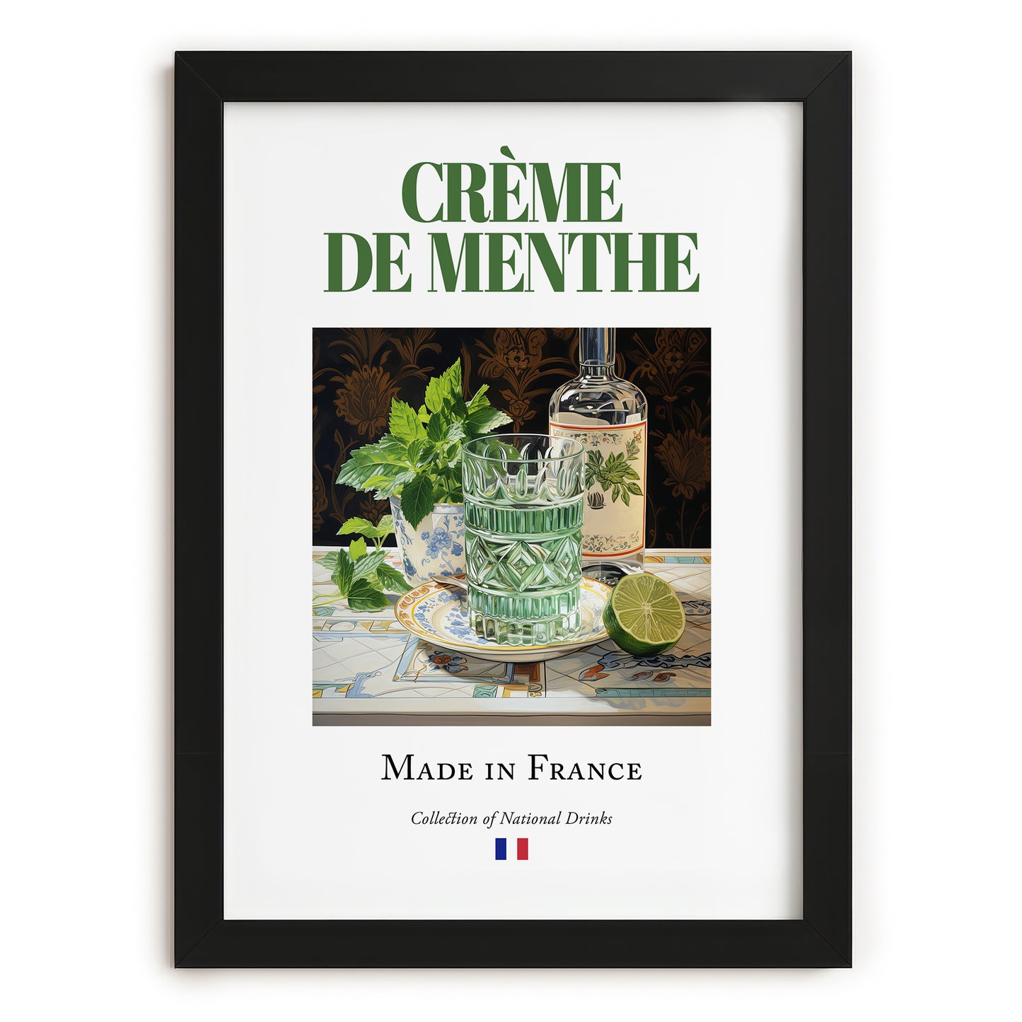 Crème de menthe – French Liqueur Drink, Cocktail Lounge Painting, in sleek black frame